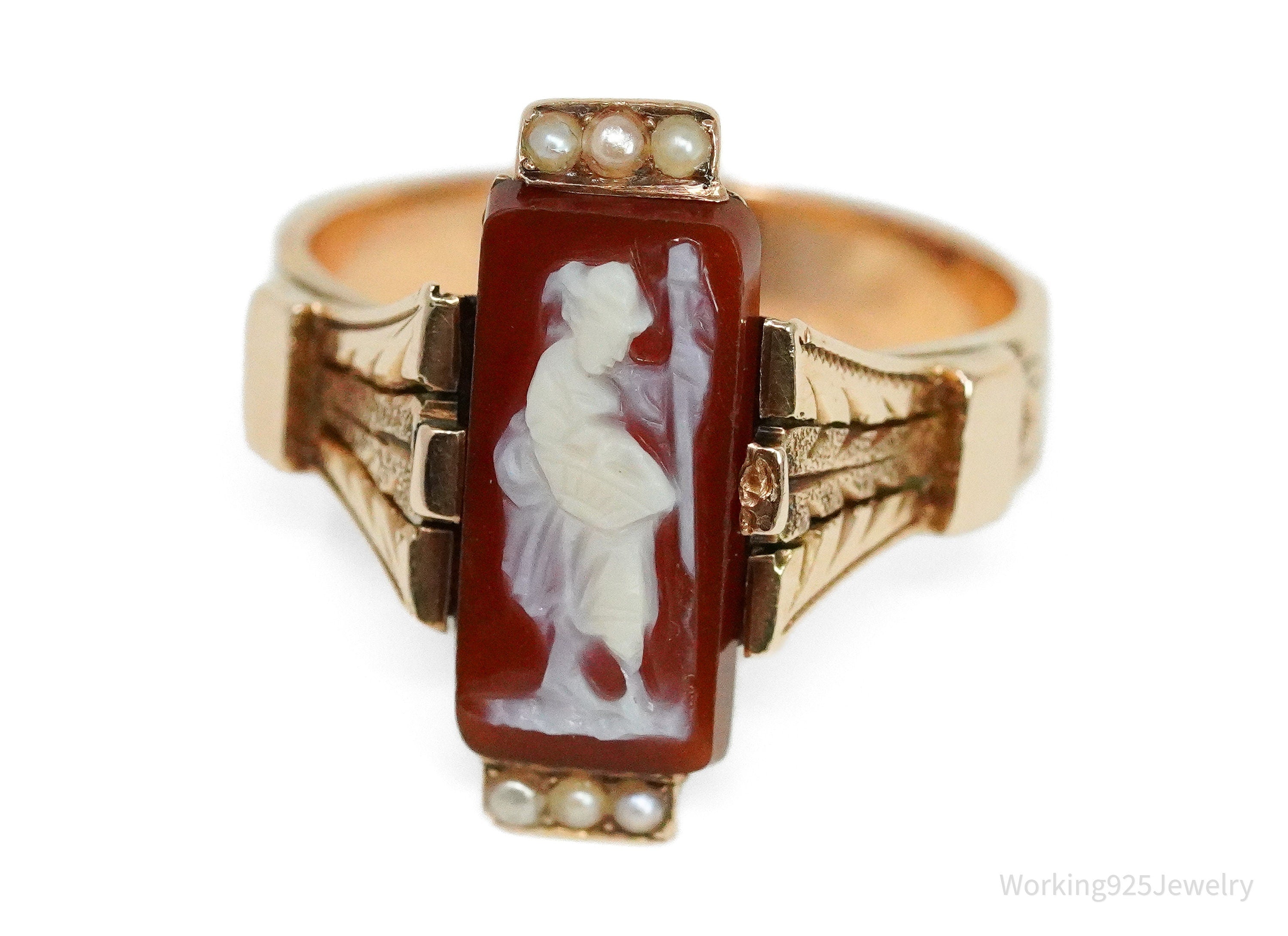 Antique 14K Rose Gold & Seed Pearls Cameo Ring - Size 6.5