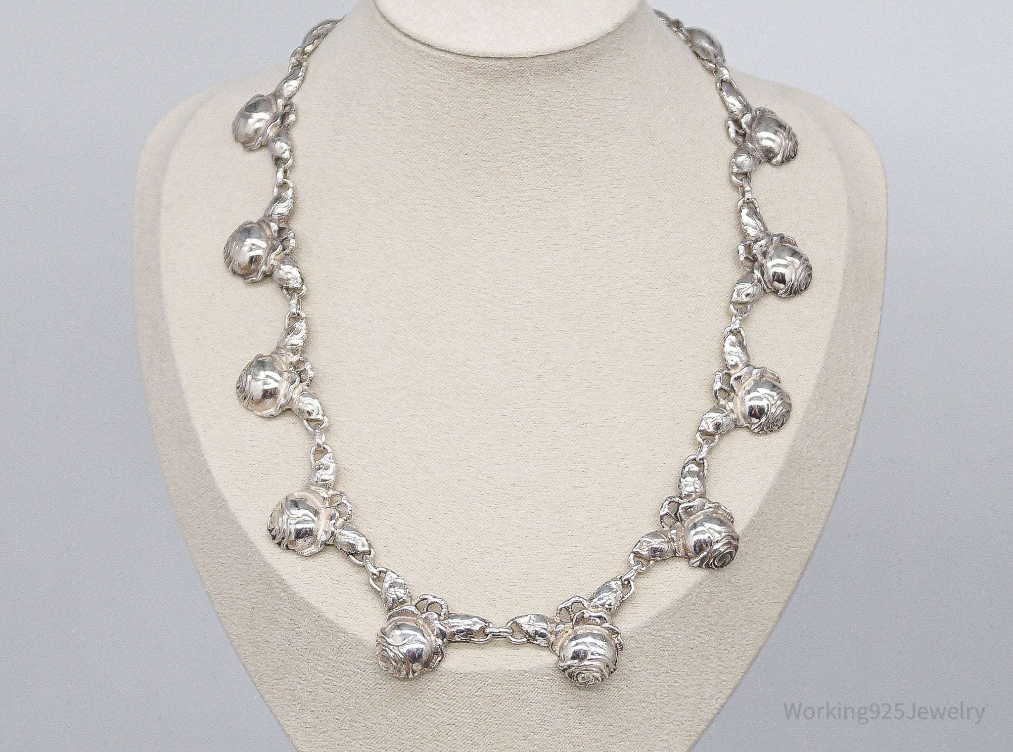 Antique Linked Roses 800 Silver Necklace 16"