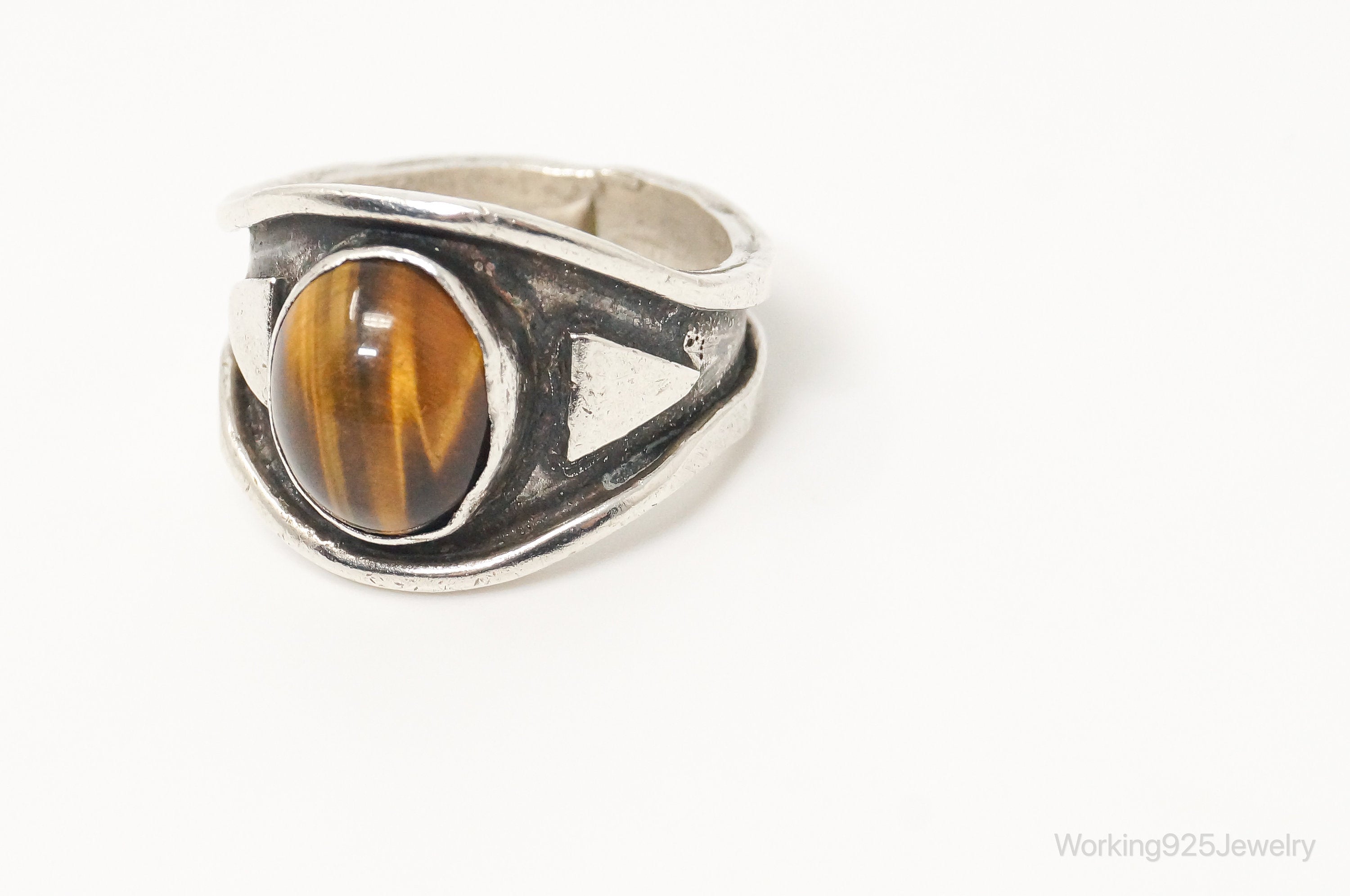 Vintage Native American Tigers Eye Unsigned Sterling Silver Ring - Sz 10