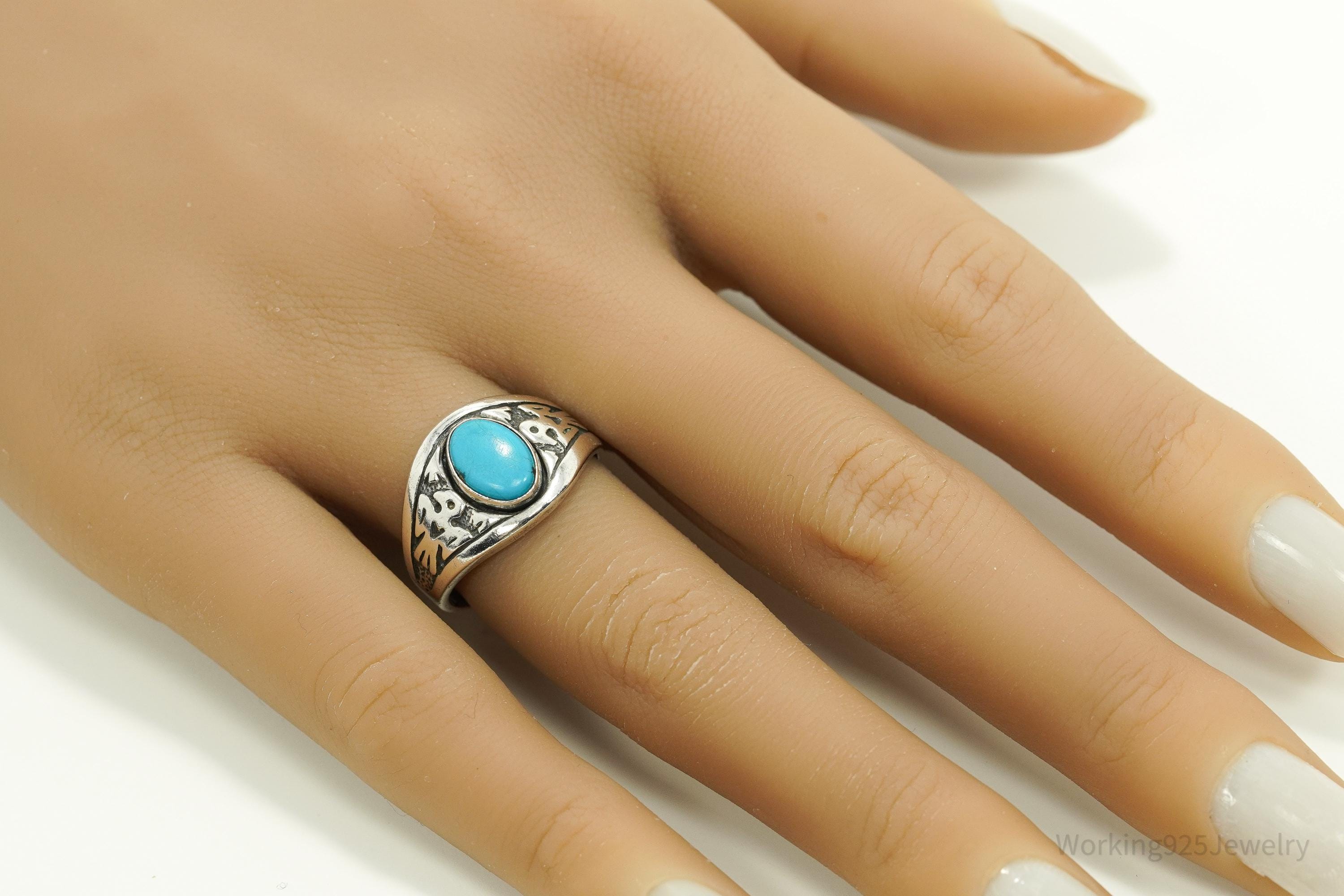 Vintage WMCO Turquoise ThunderBird Design Sterling Silver Ring - Size 8