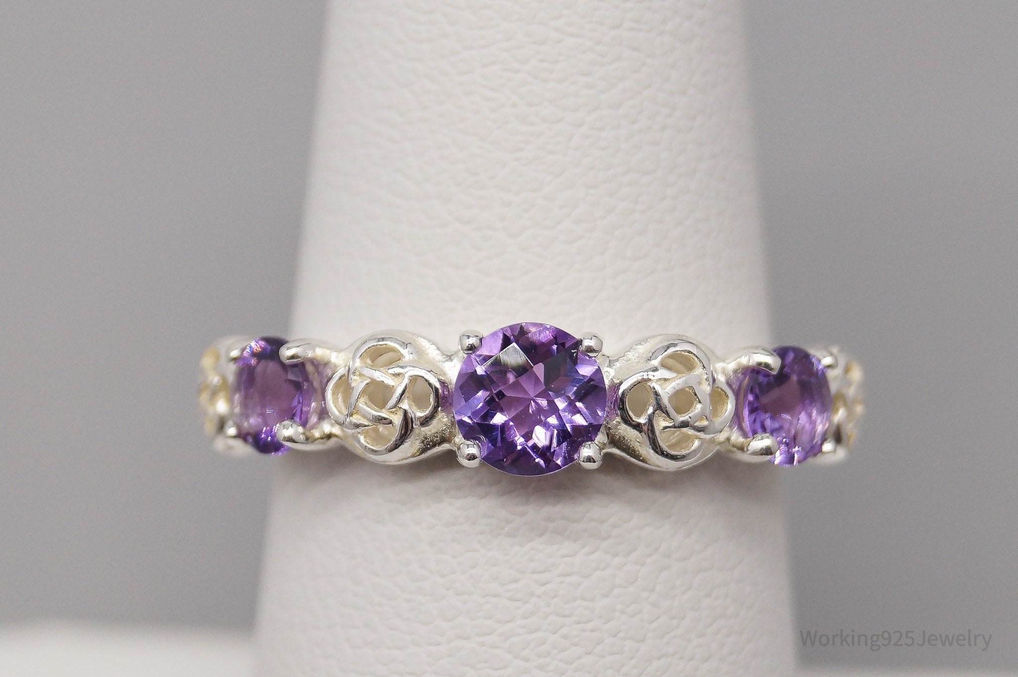 Vintage Ireland JMH Amethyst Sterling Silver Celtic Ring - Size 7