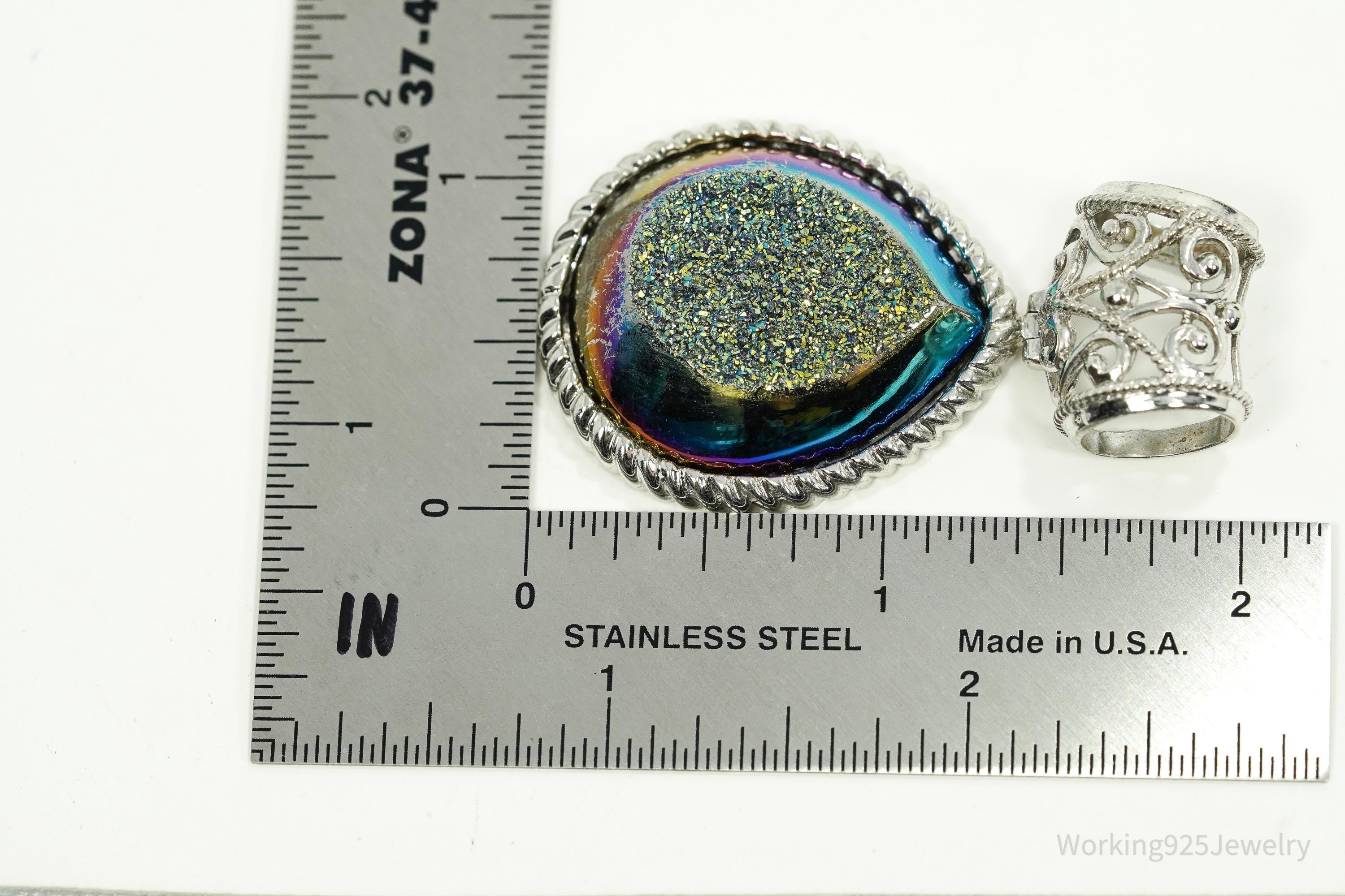 Vintage Large Druzy Quartz Sterling Silver Necklace Pendant