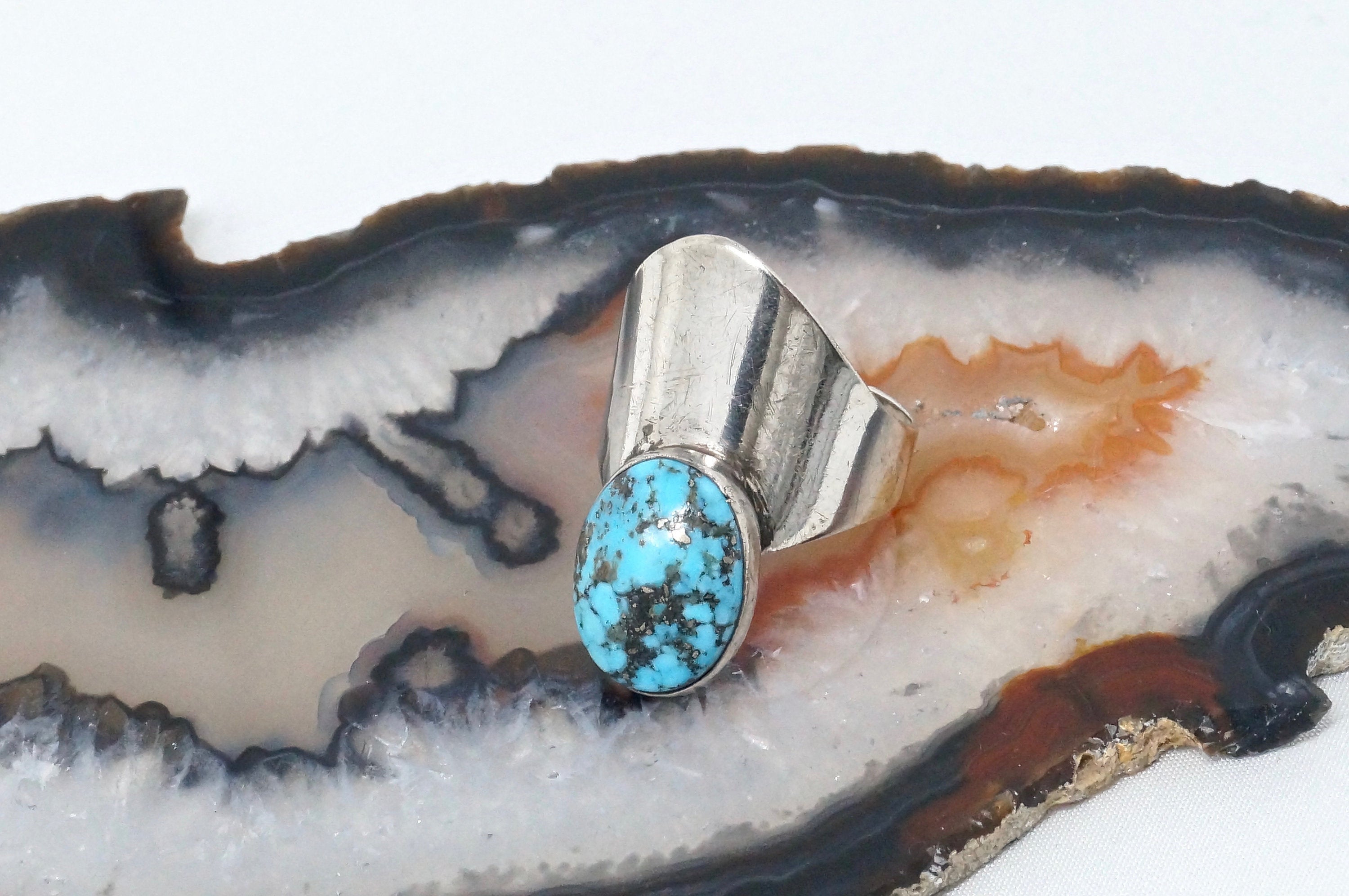 Vintage Mexico Turquoise Sterling Silver Southwestern Adjustable Ring Size 7.5