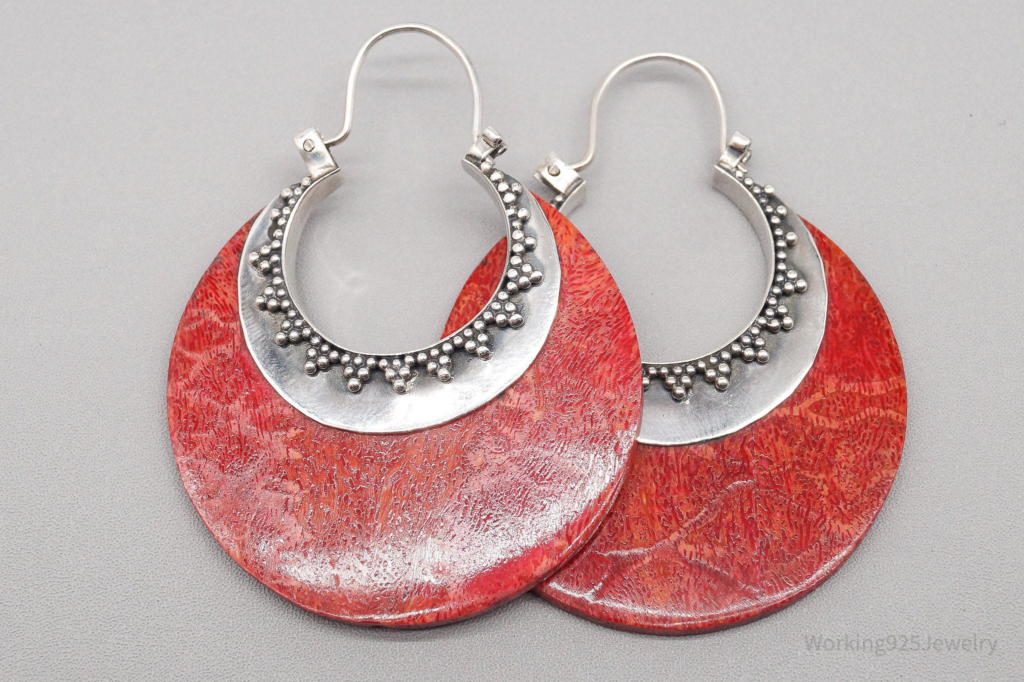 Vintage Red Coral Sterling Silver Hoop Earrings