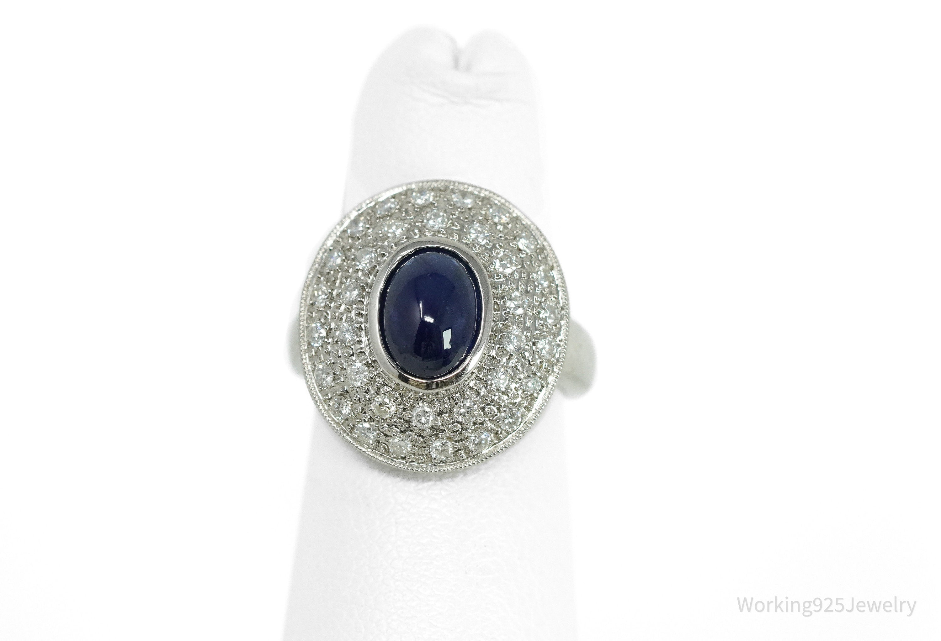 18K White Gold & Natural Sapphire with Diamond Bezel Set Ring - Size 4