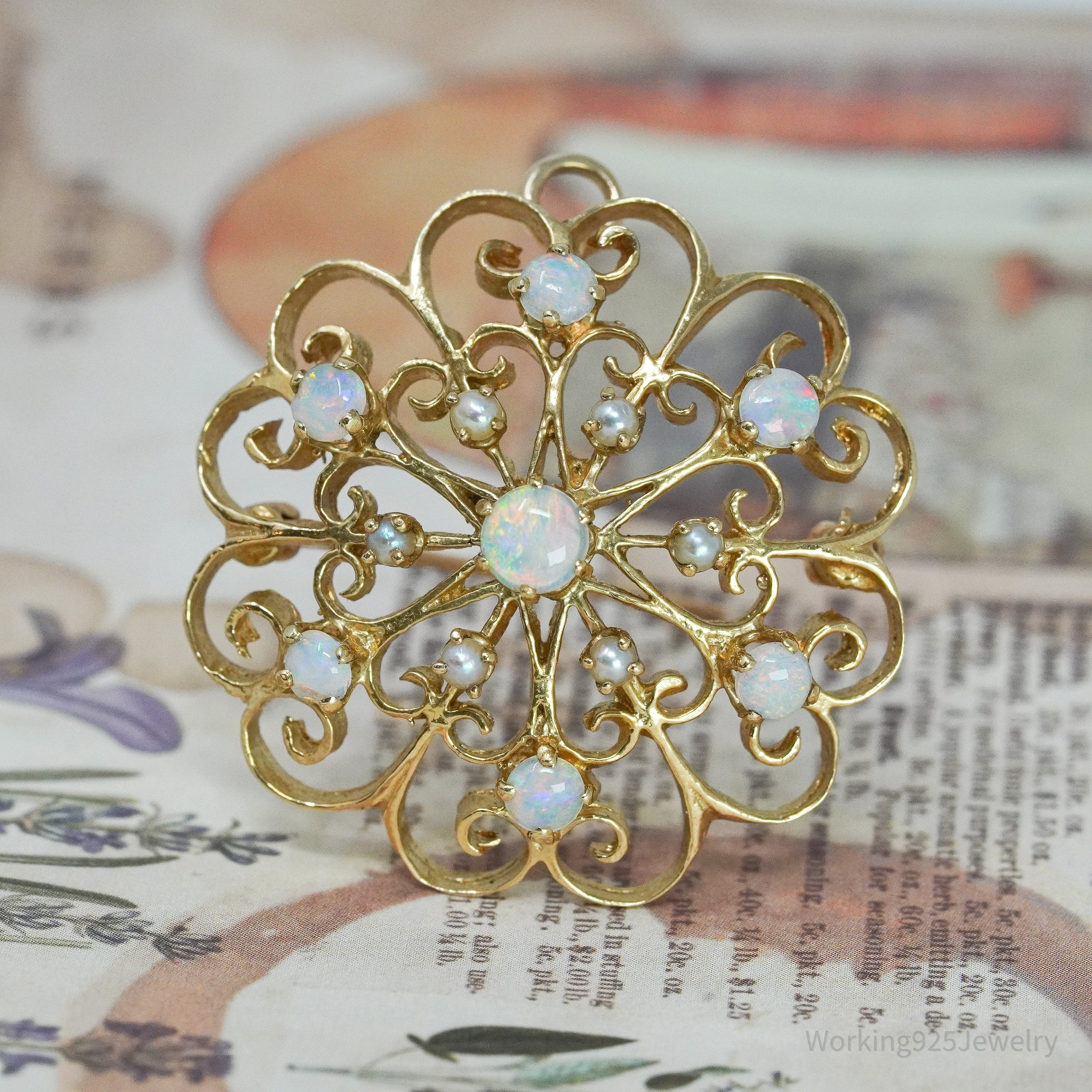 Antique 14K Yellow Gold Opal & Pearl Brooch Pin Pendant