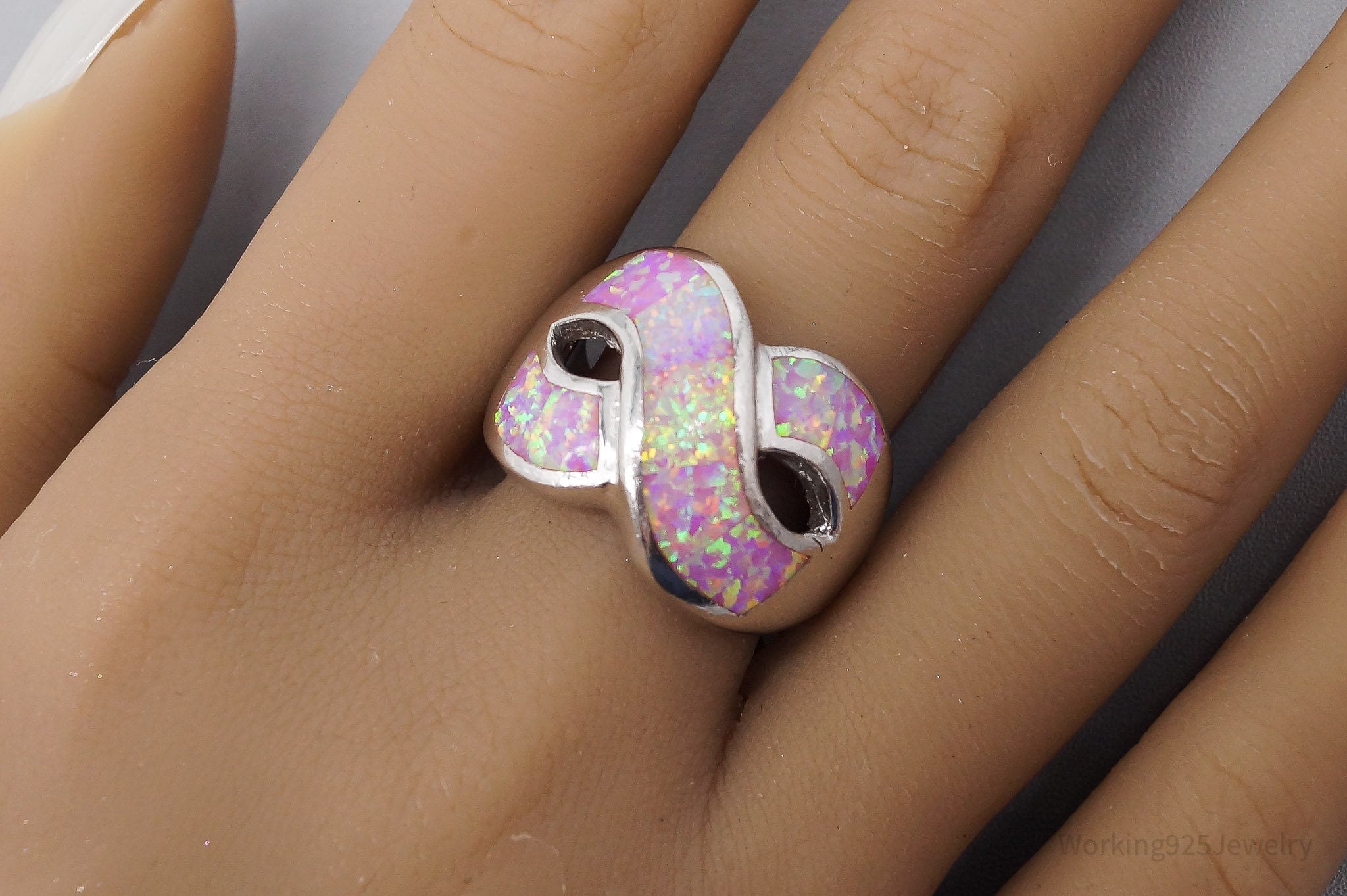 Vintage Lap Pink Opal Inlay Sterling Silver Infinity Ring -Size 9