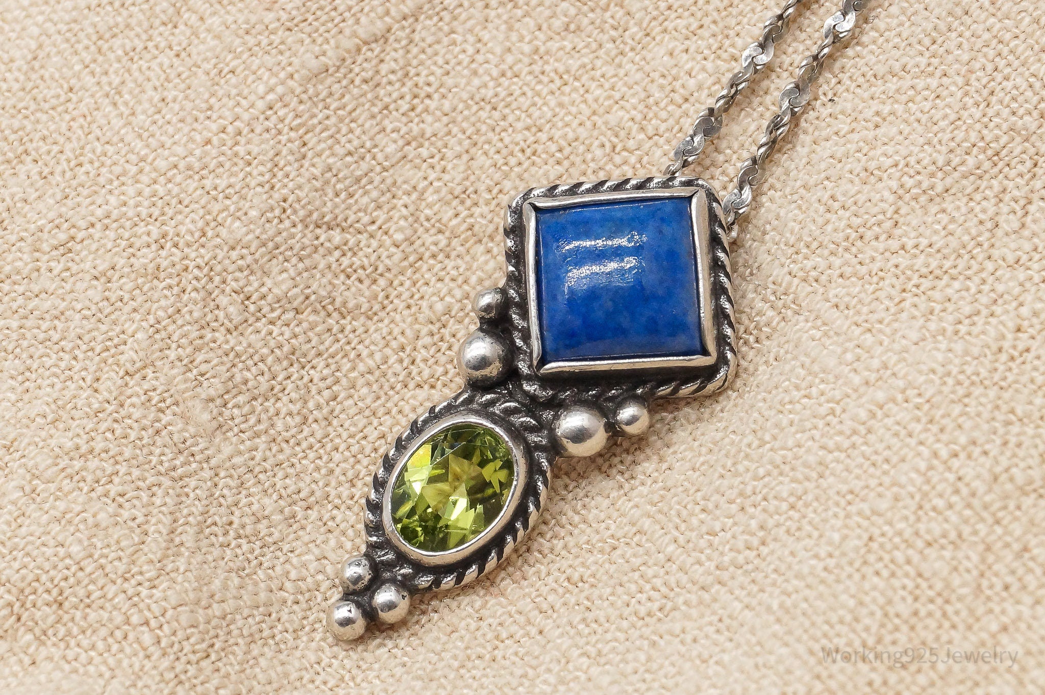 Vintage Lapis Lazuli Peridot Sterling Silver Necklace 20"