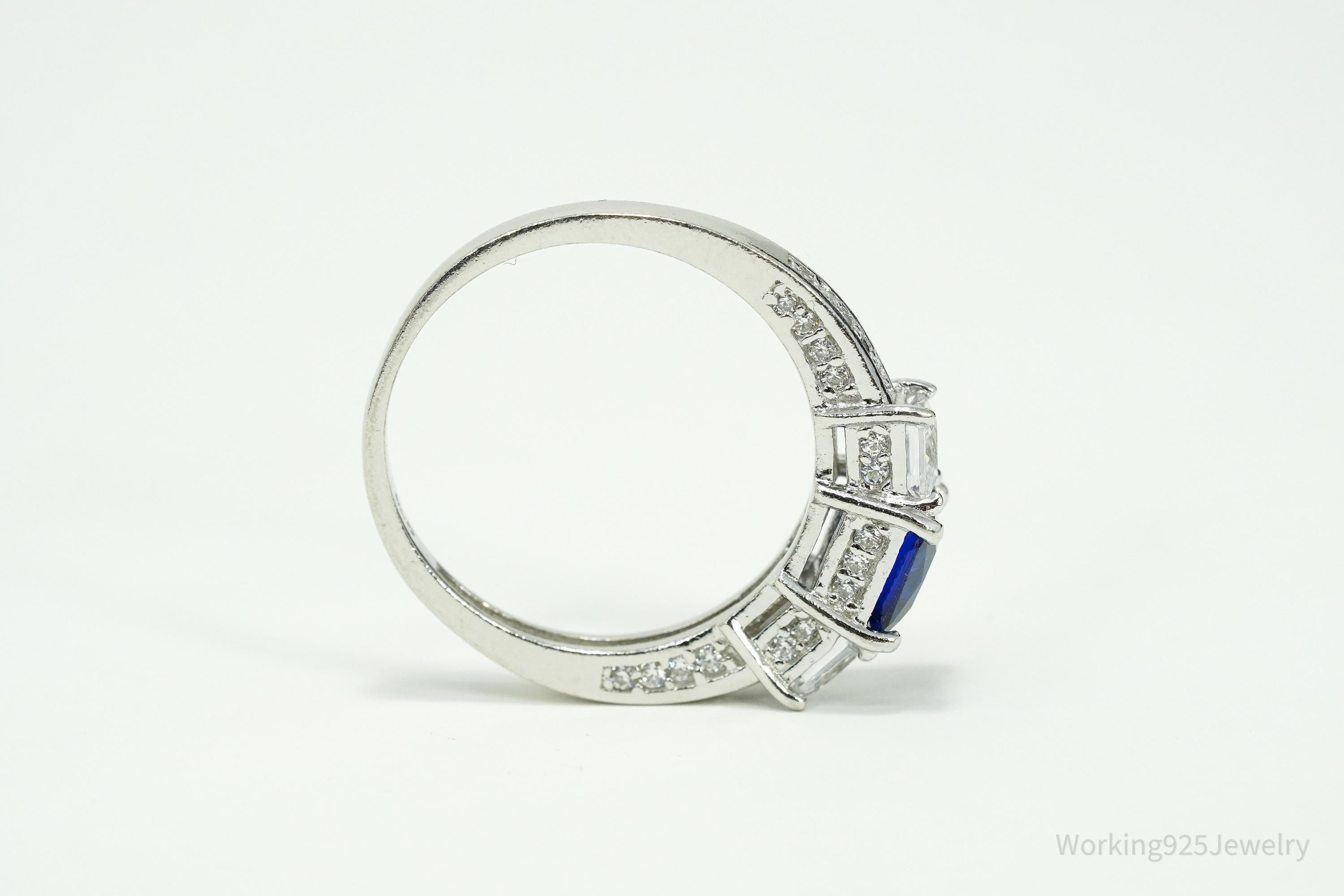 Vintage Lab Sapphire & Cubic Zirconia Sterling Silver Ring - Size 12.25