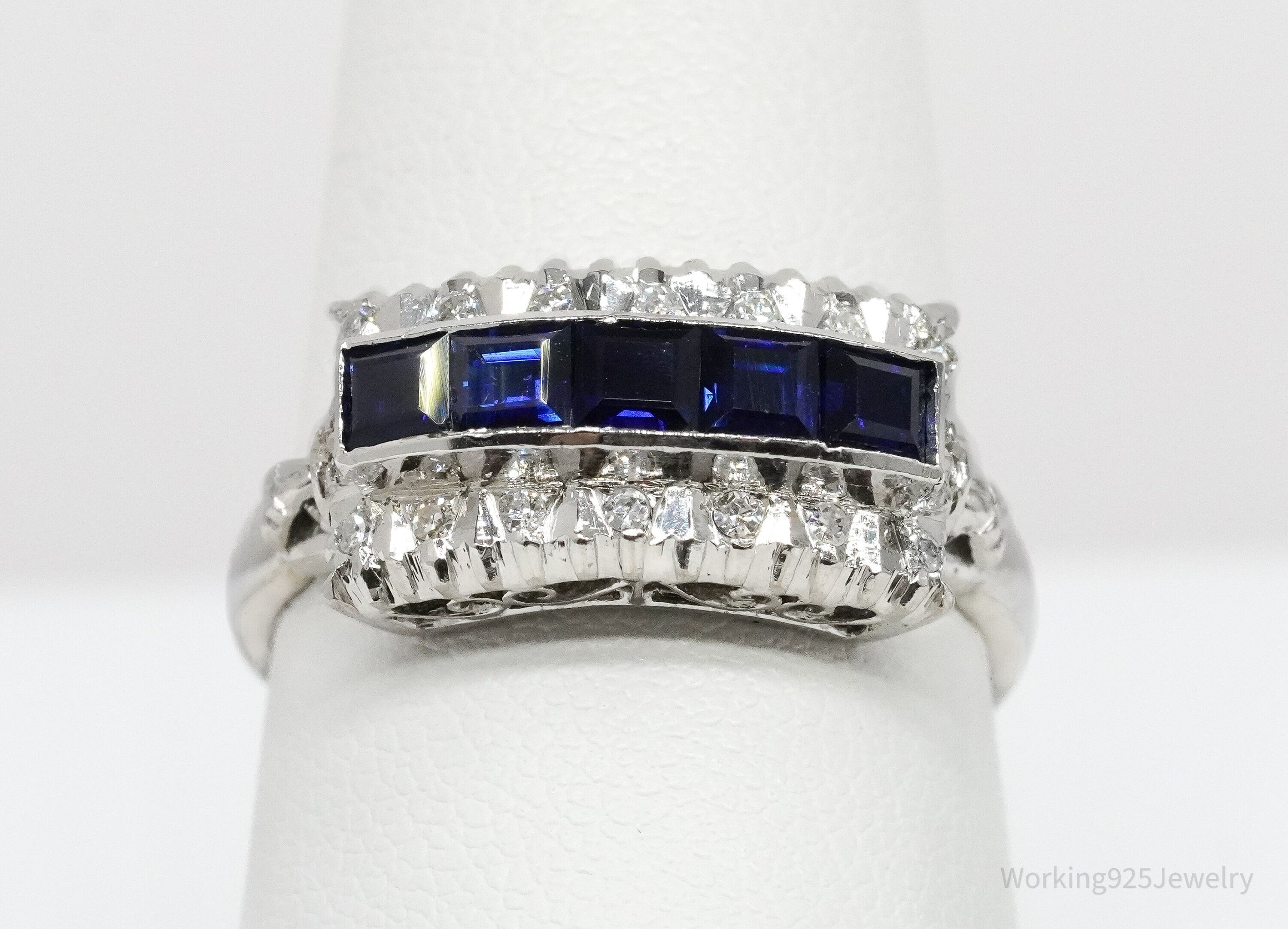 Art Deco Palladium 18K White Gold, Diamonds and Sapphires Ring Size - 8.75