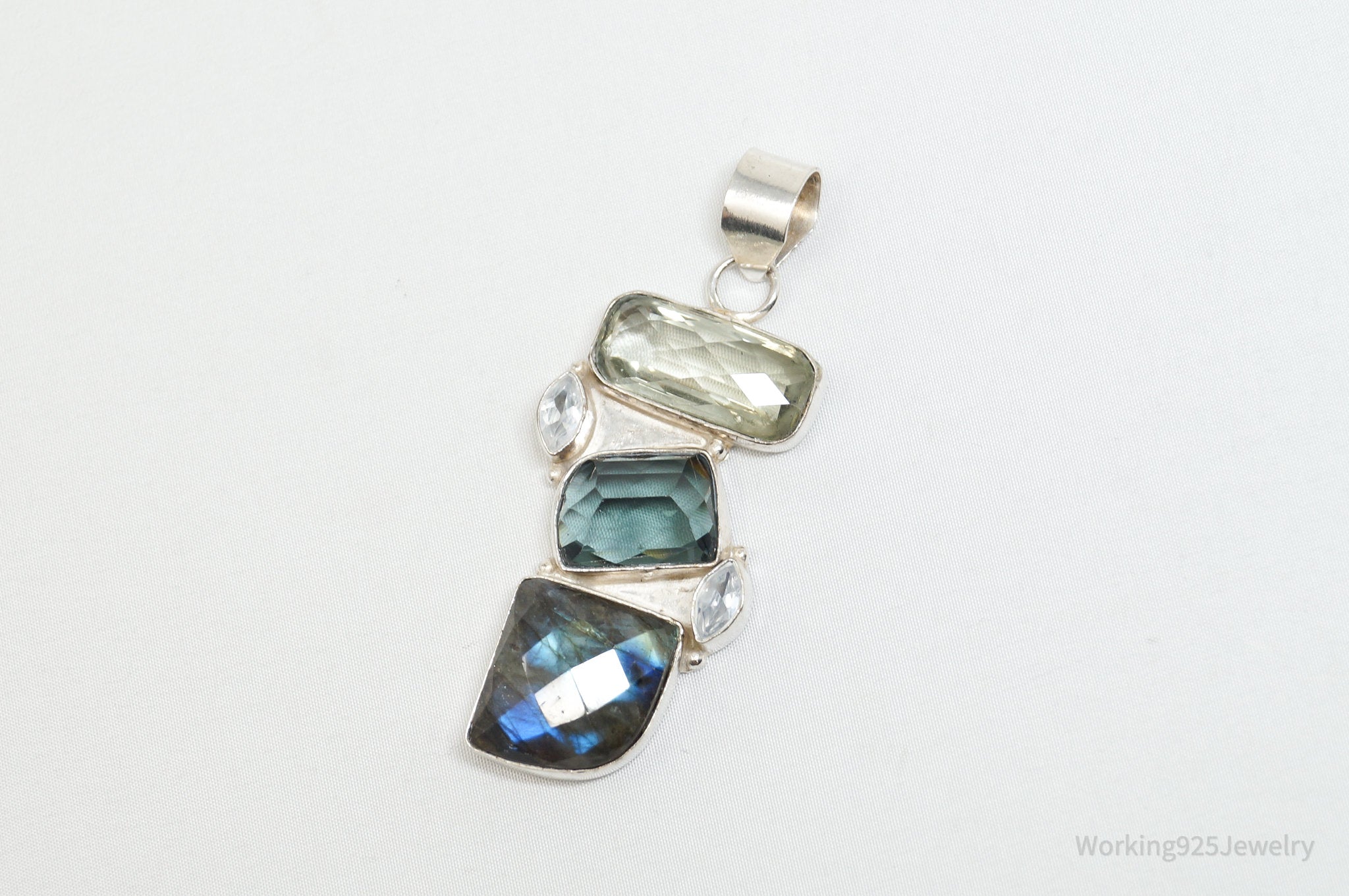 Vintage Large Labradorite Topaz Crystal Sterling Silver Necklace Pendant