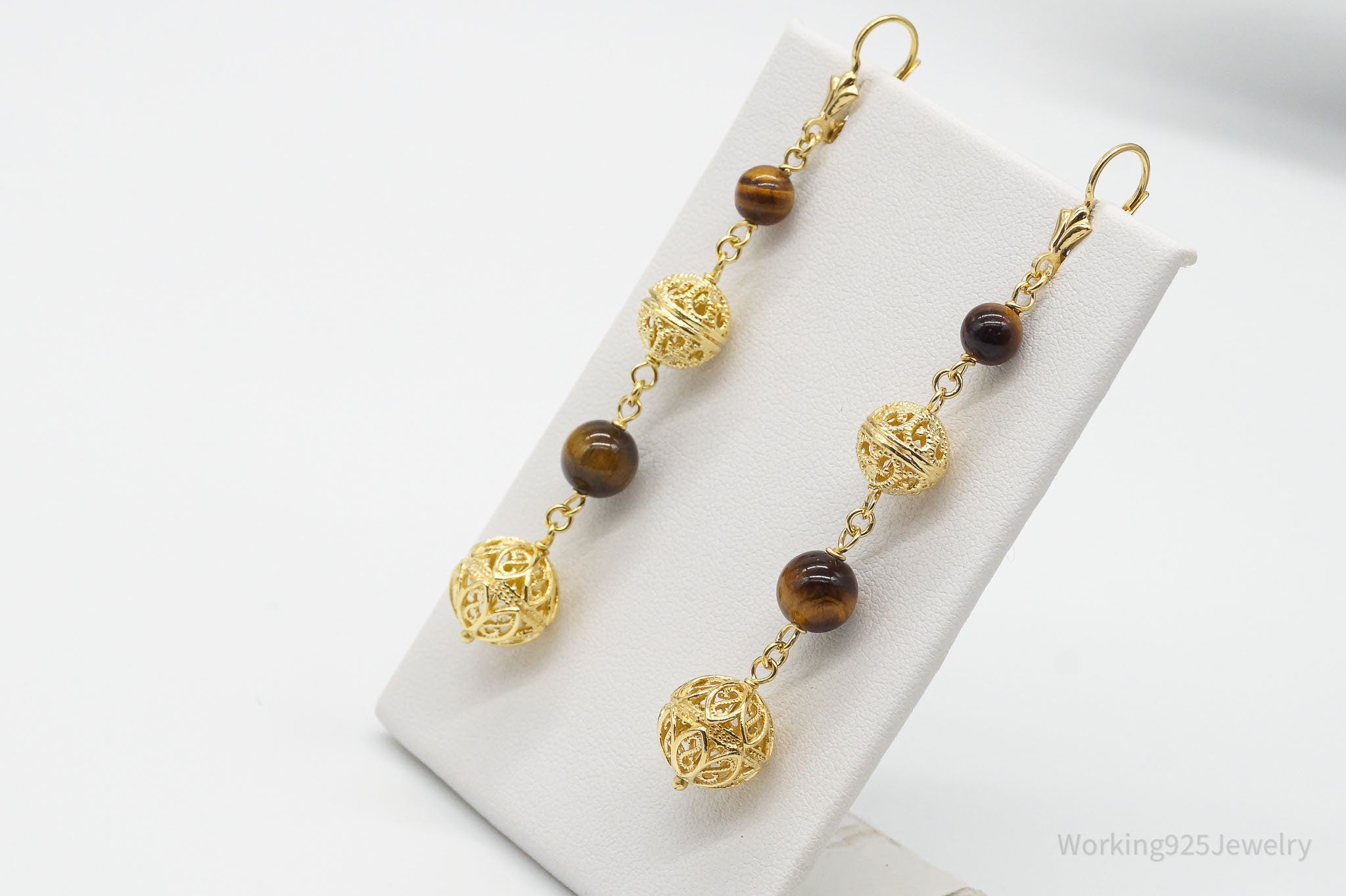 Vintage Tigers Eye Gold Vermeil Sterling Silver Earrings