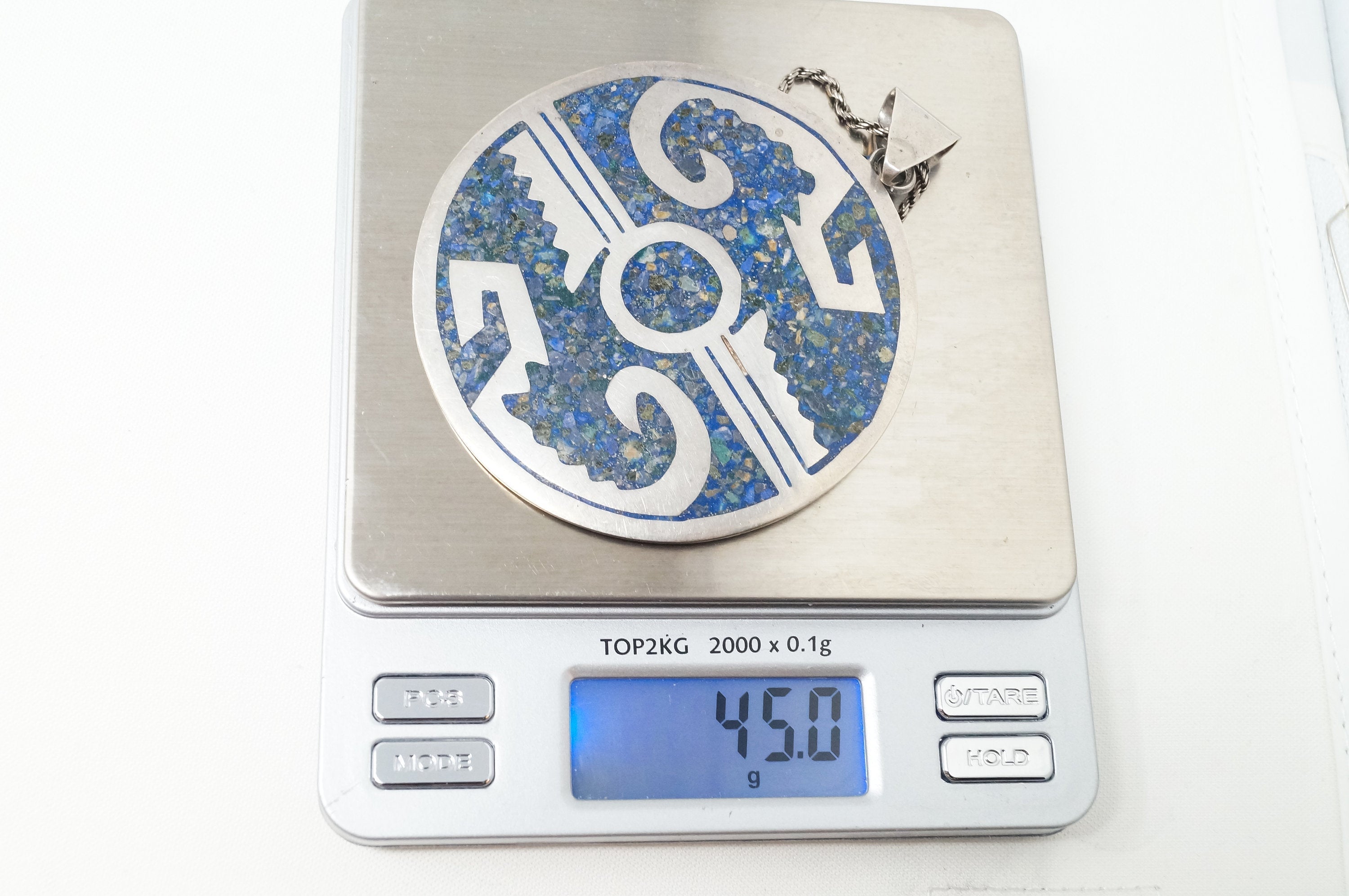 Vintage Large Mexico Handmade Lapis Lazuli Sterling Silver Aztec Necklace