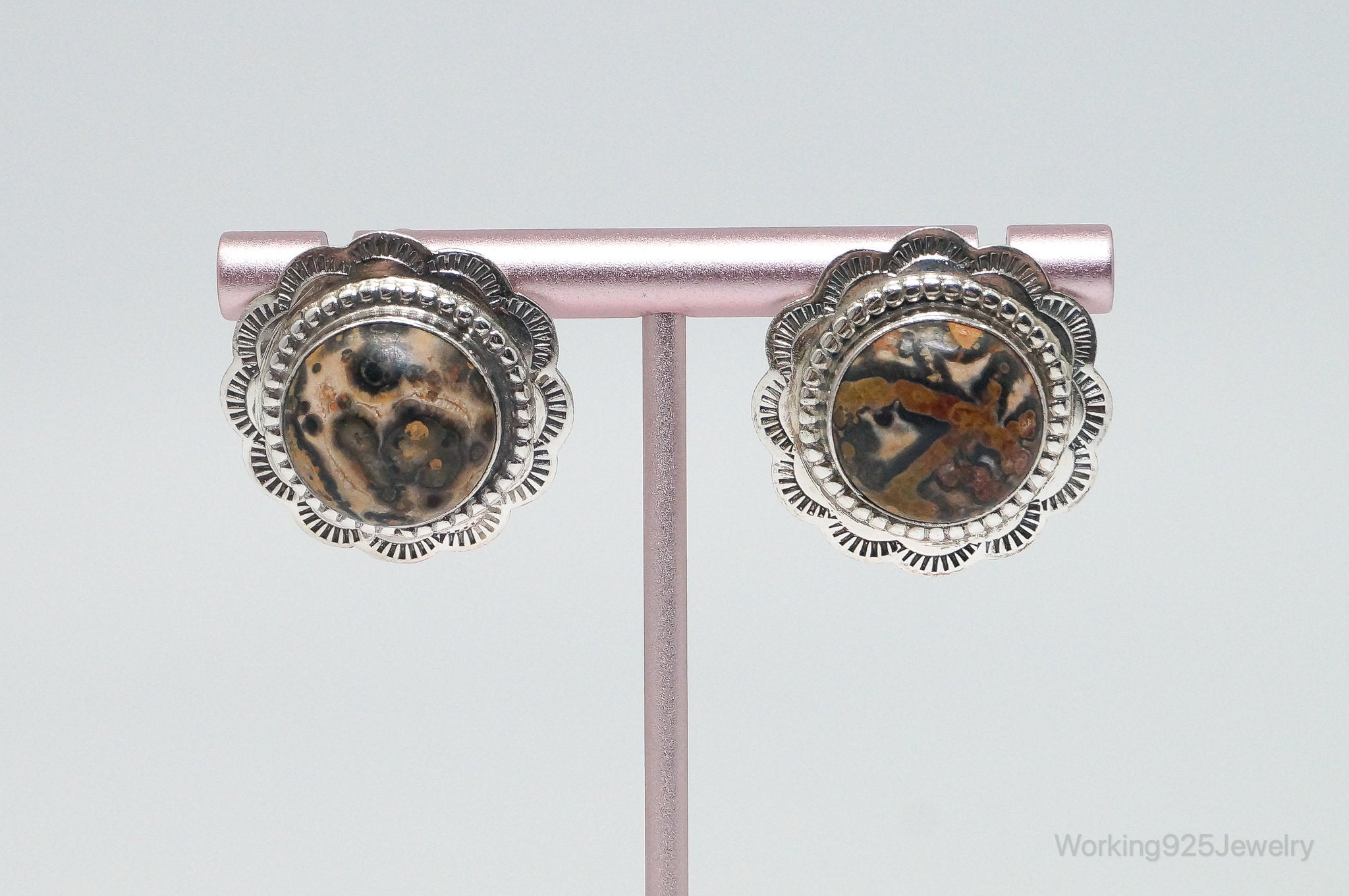 Vintage Native American JJ Navajo Brown Jasper Sterling Silver Earrings