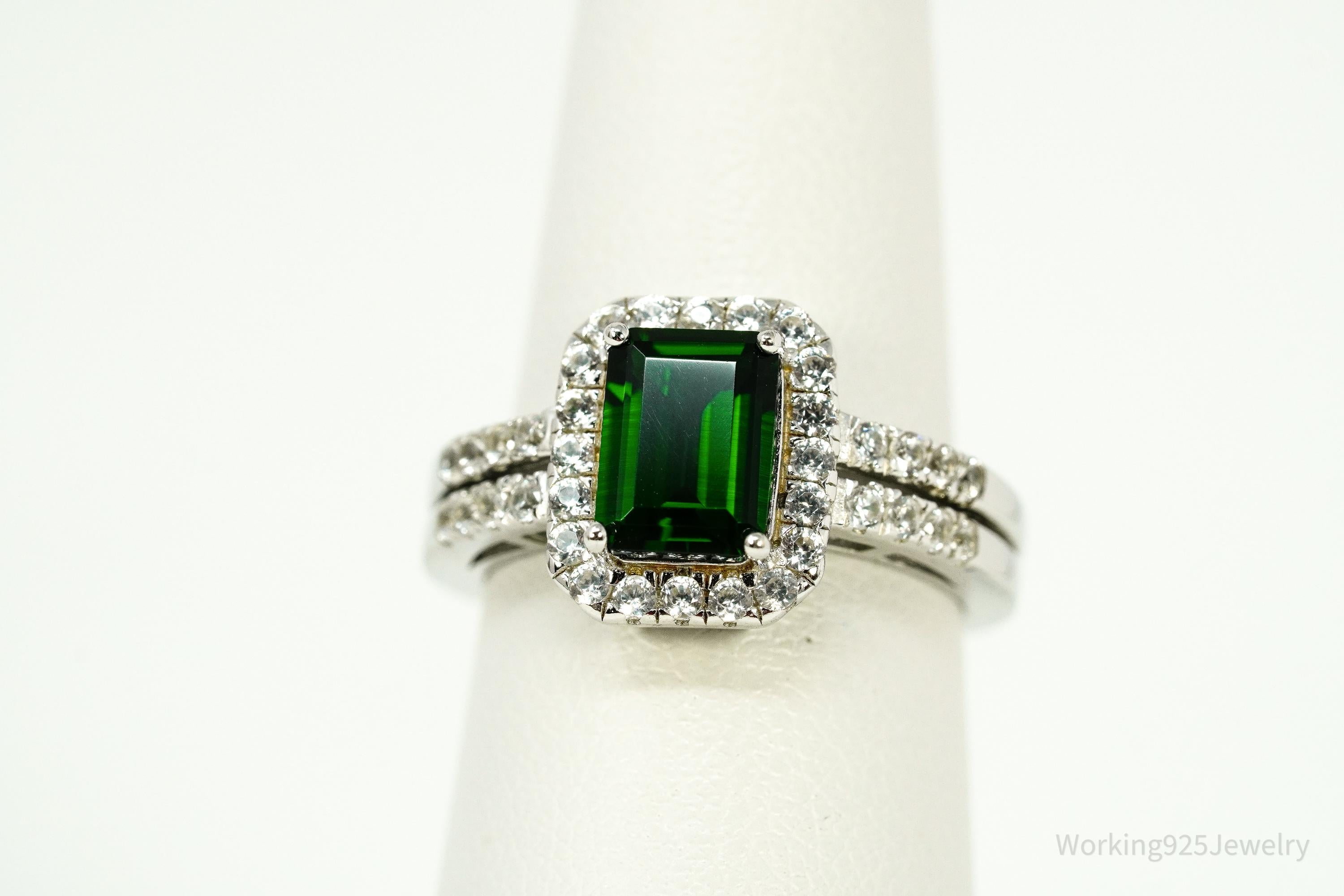Vintage Emerald & White Topaz Sterling Silver Ring - Size 6
