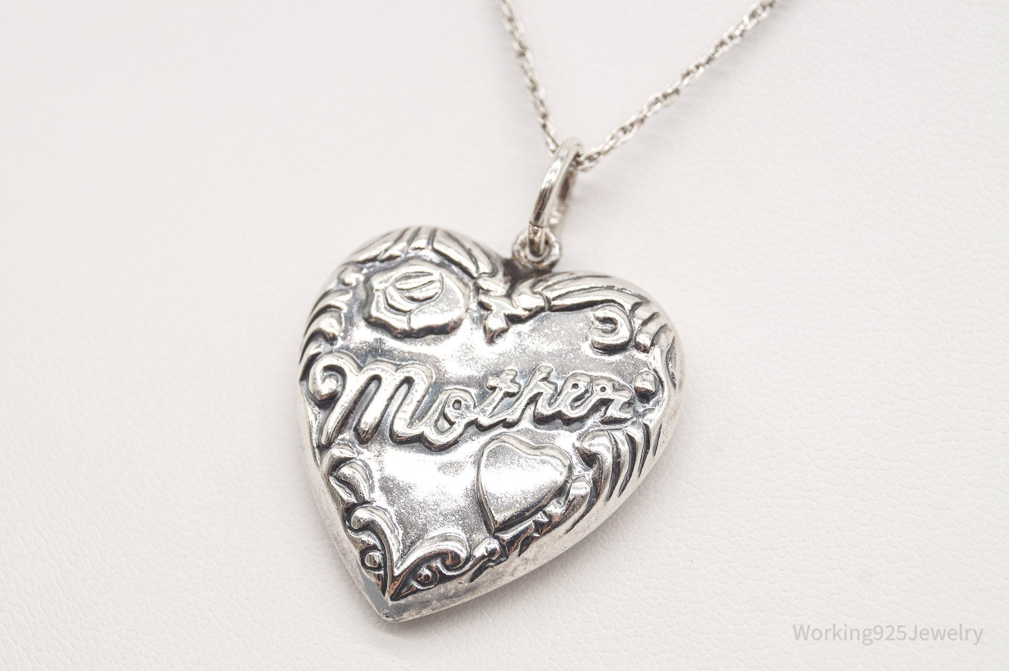 Vintage Large Puffy Heart Mother Charm Sterling Silver Necklace