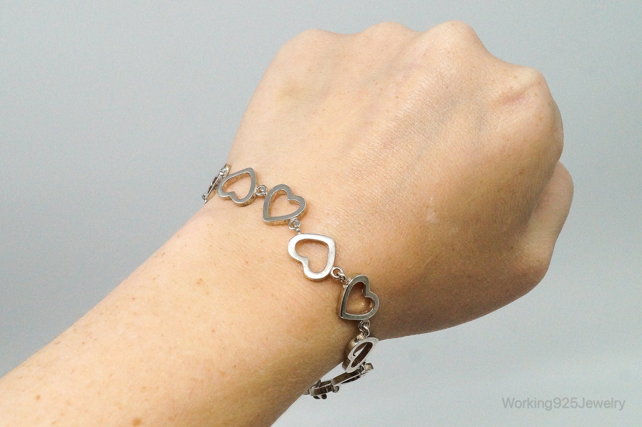 Vintage Open Heart Chain Link Sterling Silver Toggle Bracelet