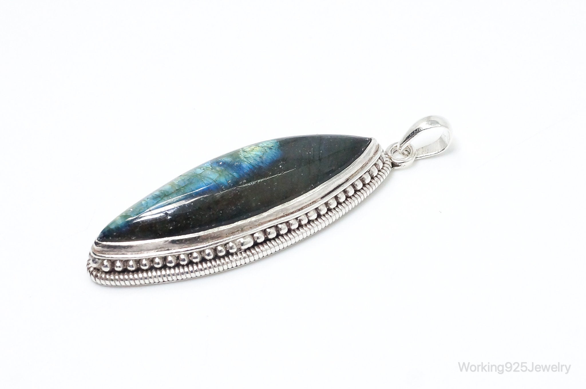 Vintage Long Large Labradorite Sterling Silver Necklace Pendant