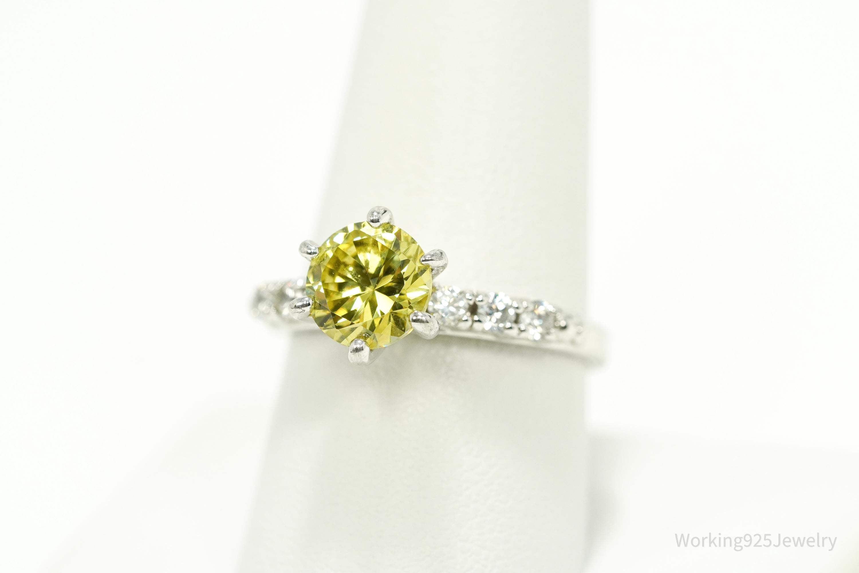 Vintage Yellow & White Cubic Zirconia Silver Ring - Size 9