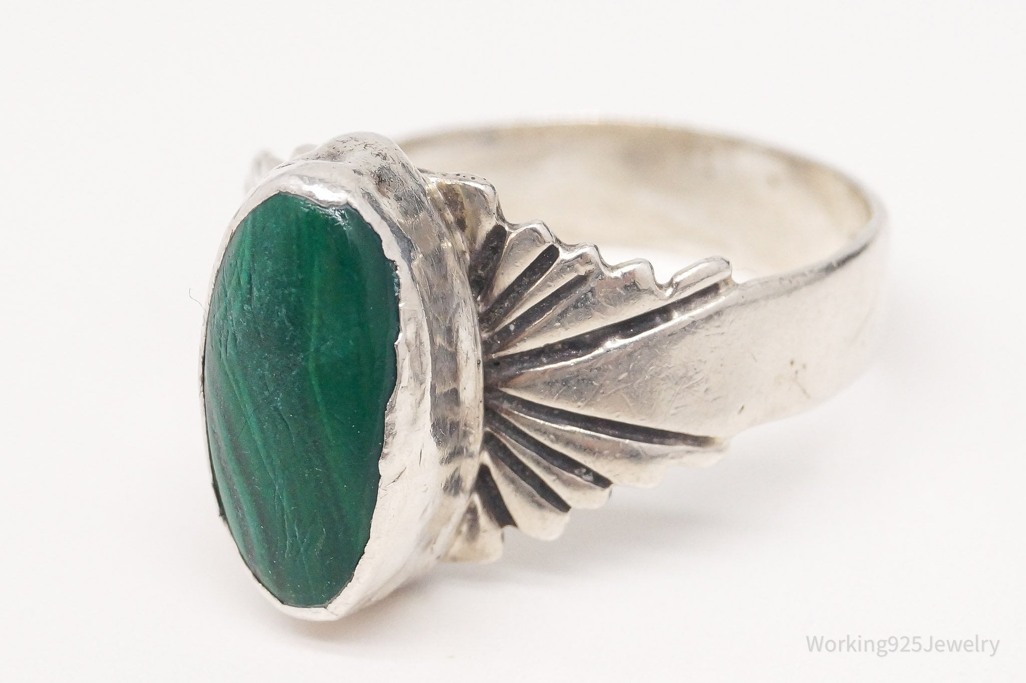 Vintage Native American Malachite Sterling Silver Ring - Size 9.25