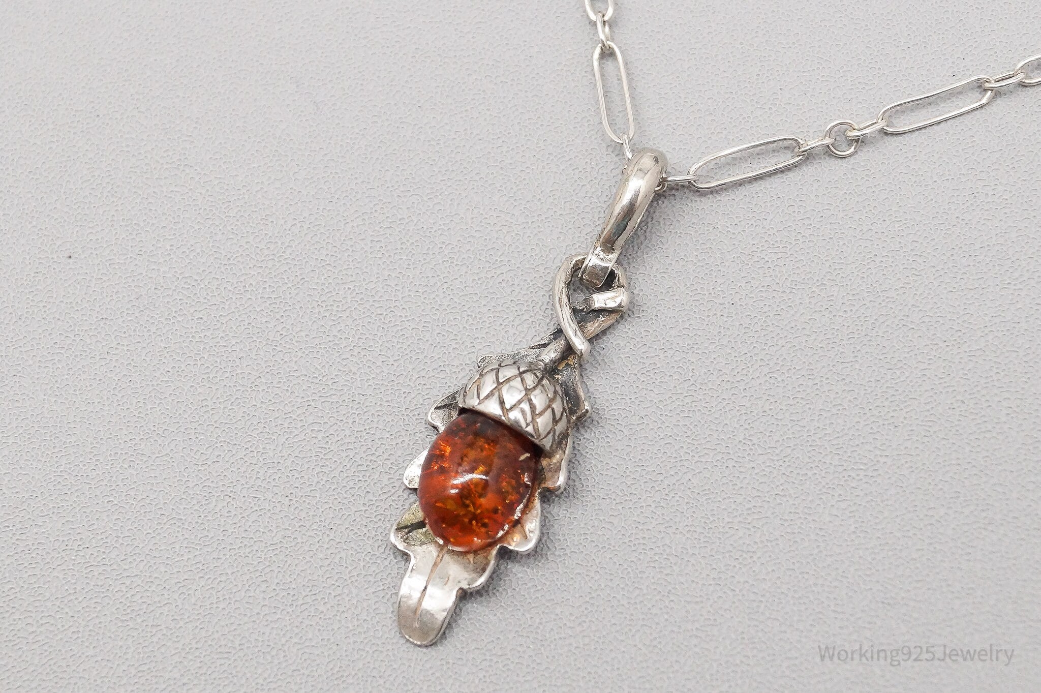 Vintage Amber Acorn Sterling Silver Chain Necklace 18"