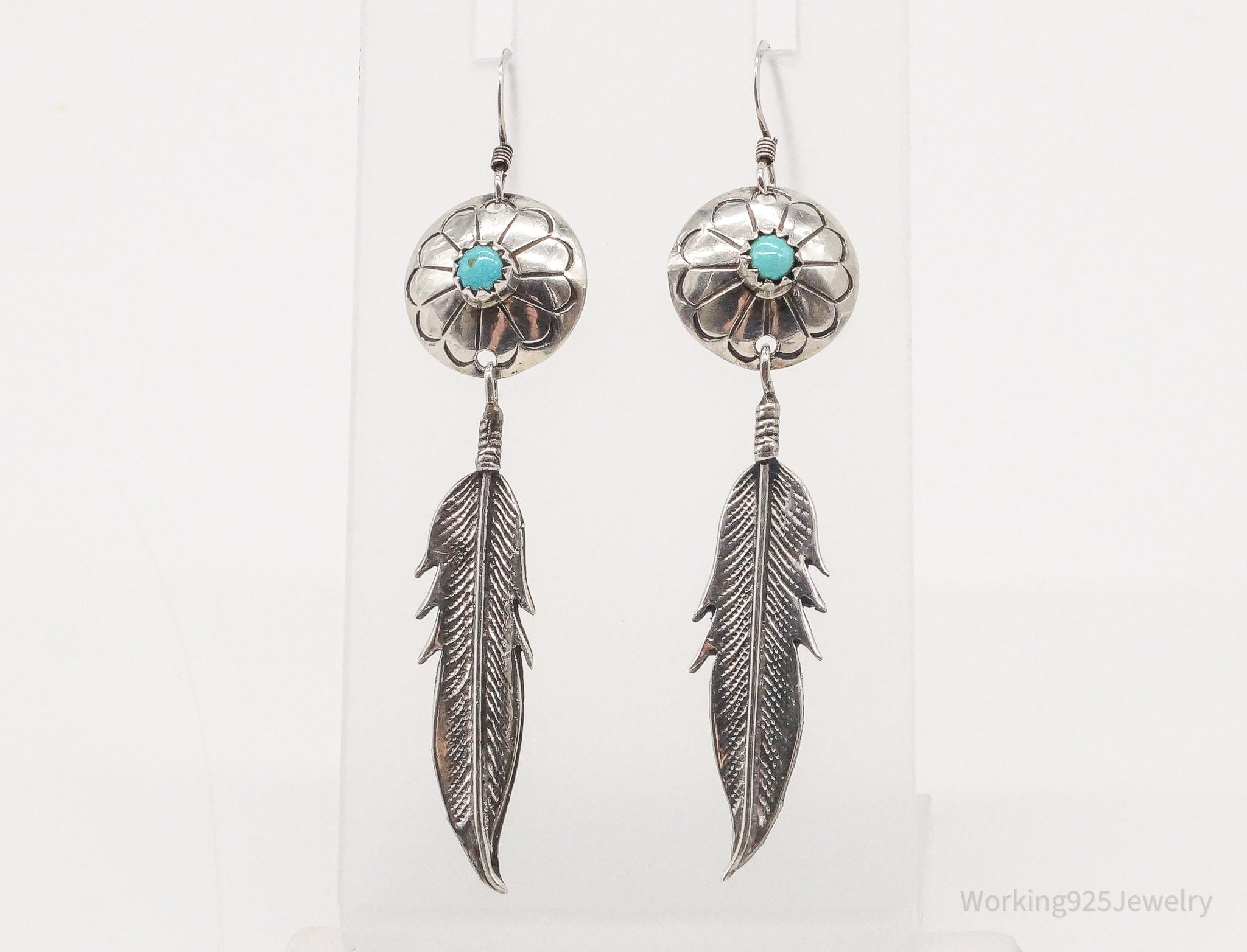 Vintage Native American Turquoise Feather Silver Earrings