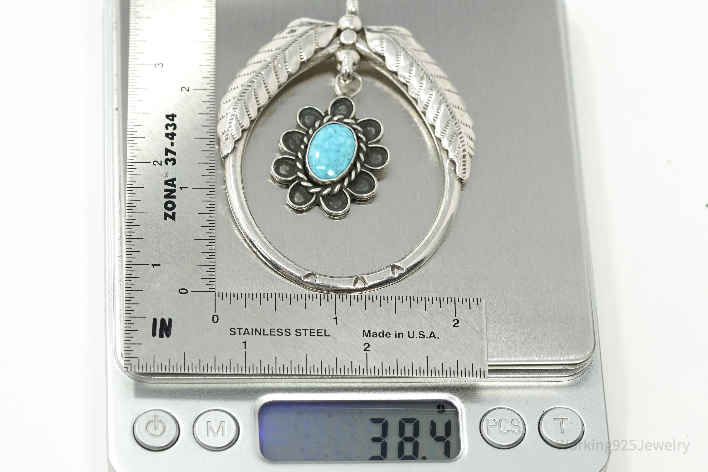 Vintage Mexican Handmade Large Turquoise Sterling Silver Pendant