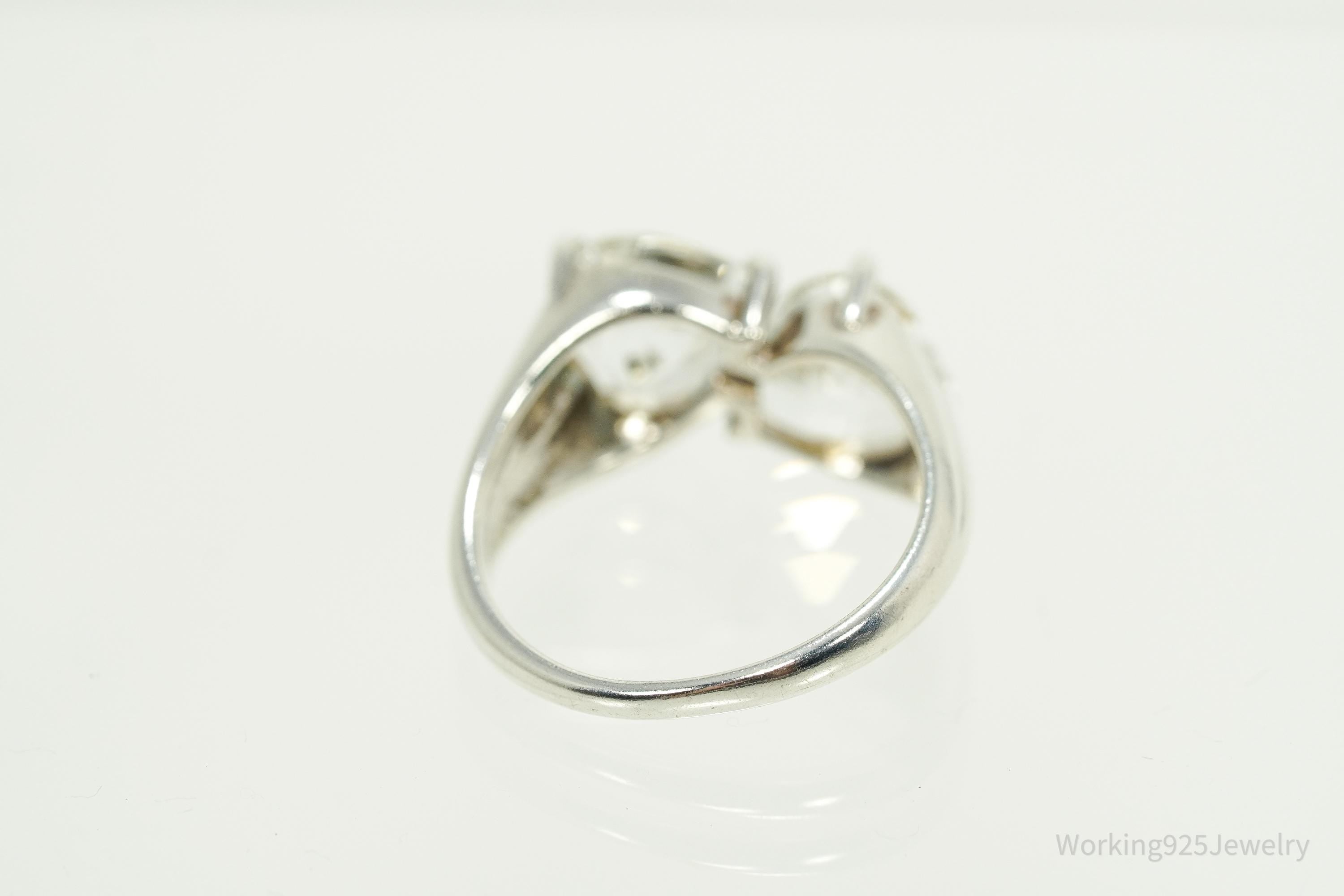 Vintage White Topaz Linked Hearts Sterling Silver Ring - Size 6