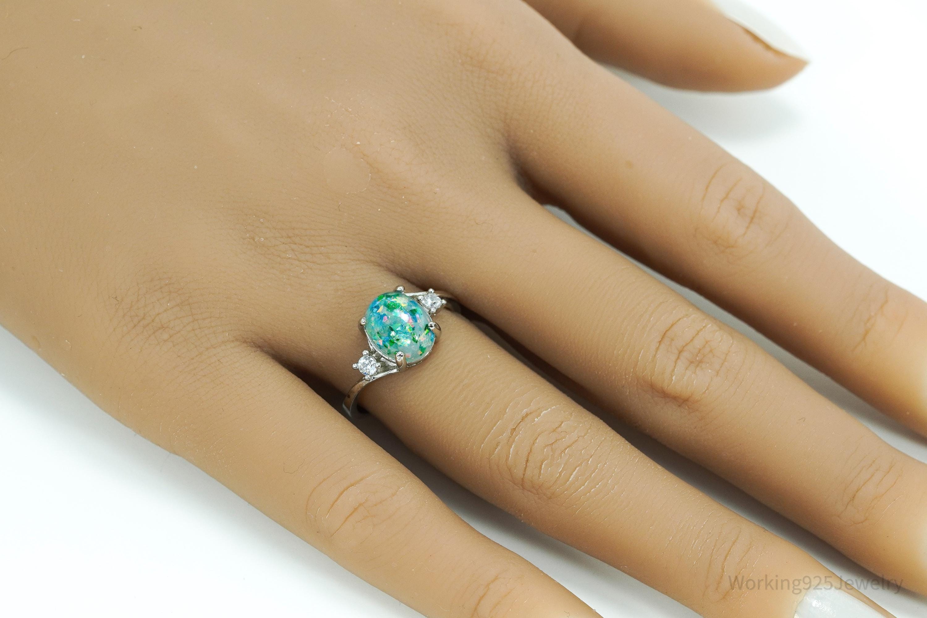 Vintage Faux Opal & Faux Diamonds Sterling Silver Plated Ring - Size 7