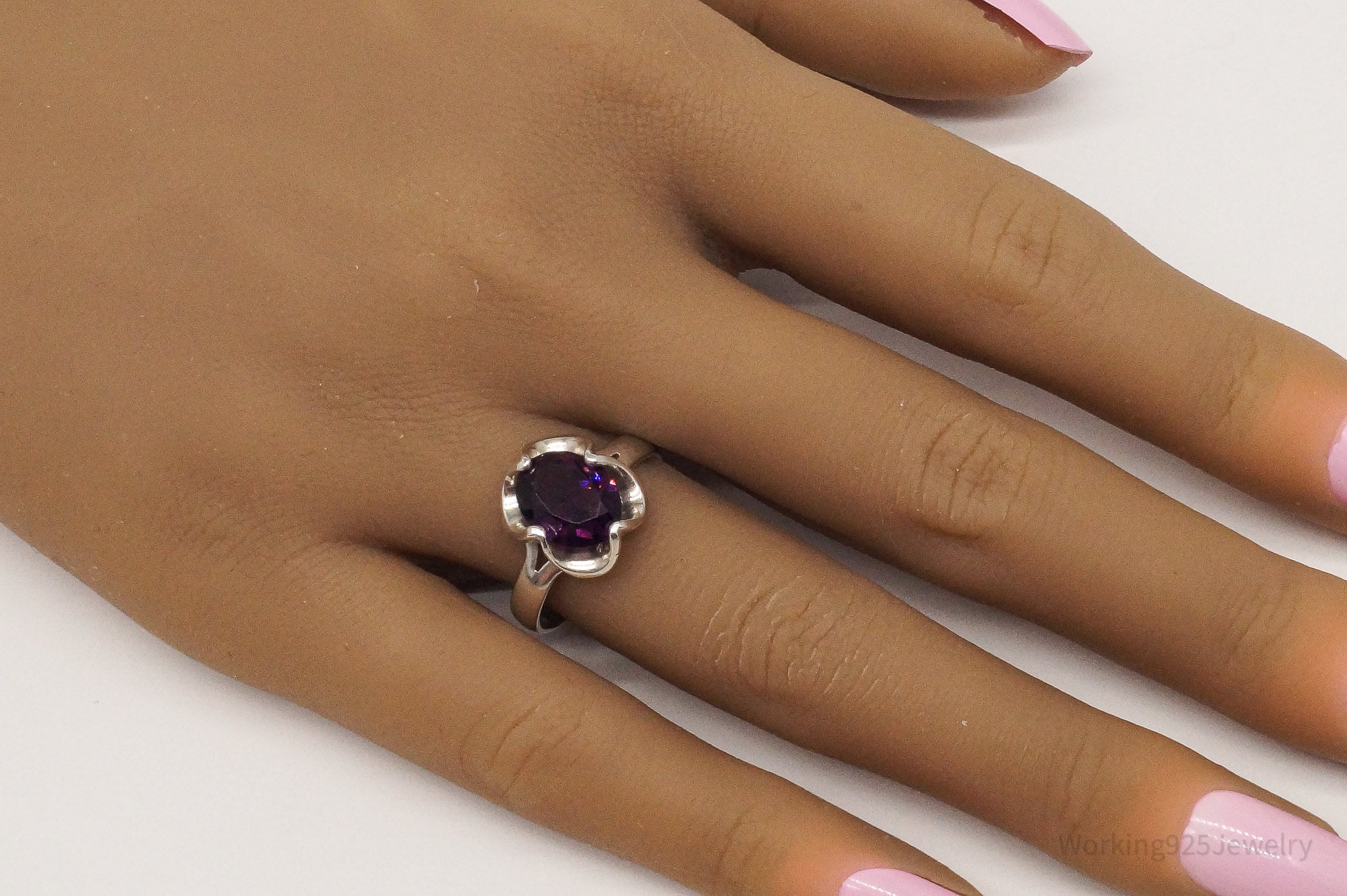 Vintage Mexico Sleek Purple Glass Stone Sterling Silver Ring - Size 8.25