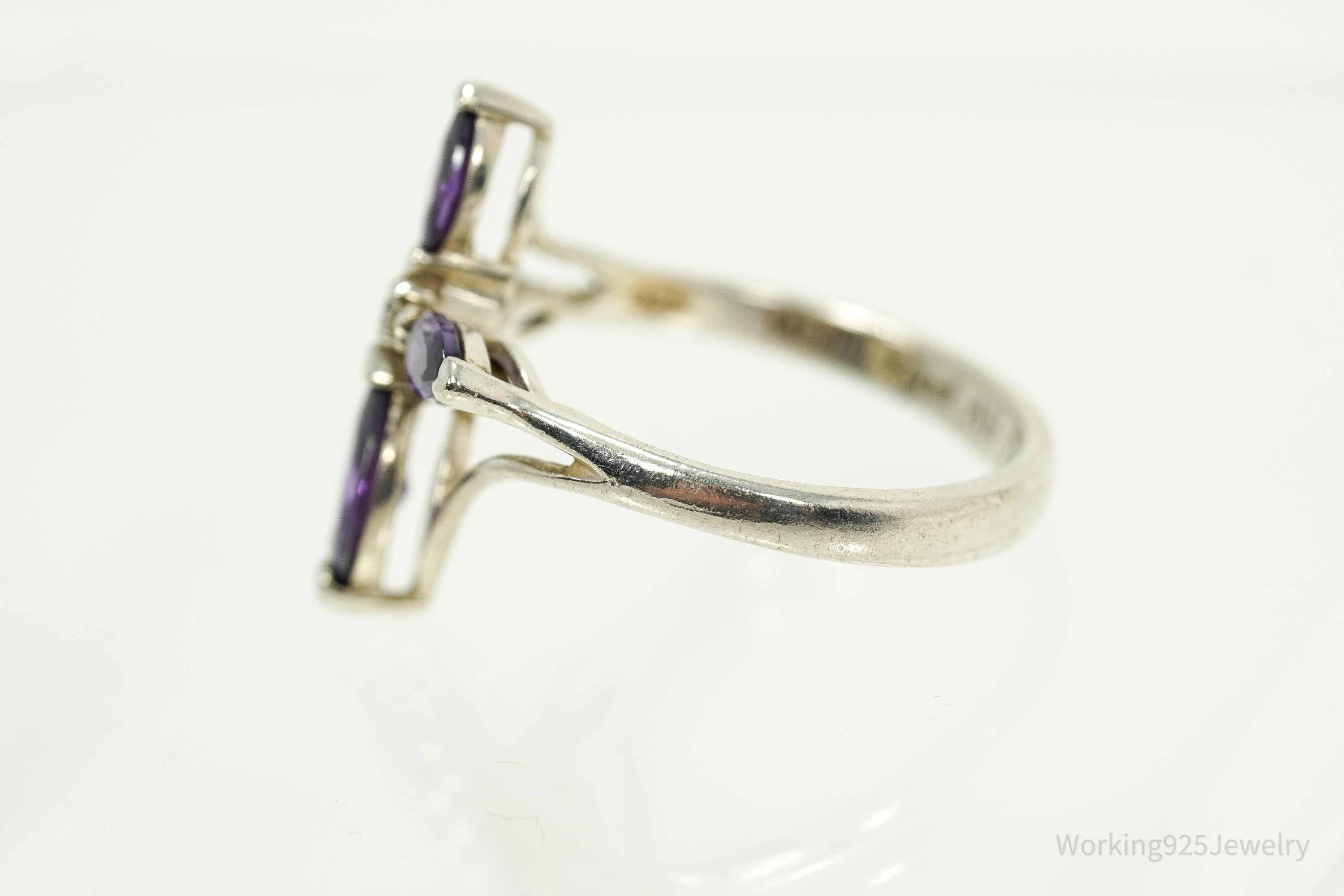 Vintage Amethyst "With God All Things Are Possible" White Sapphire Cross Sterling Silver Ring - Size 8