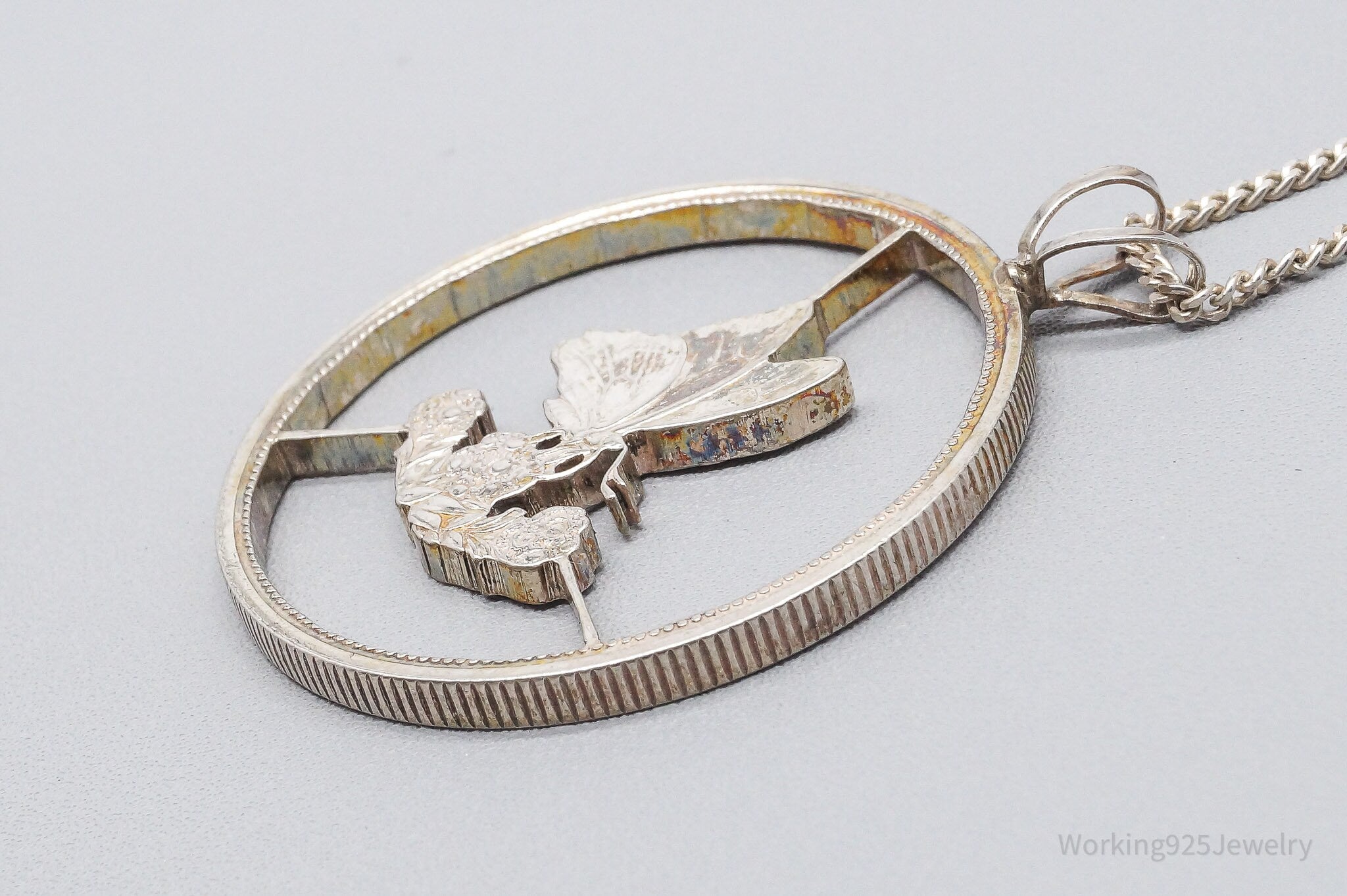 Antique Butterfly Cut Silver Coin Turned Pendant Sterling Silver Necklace 24"