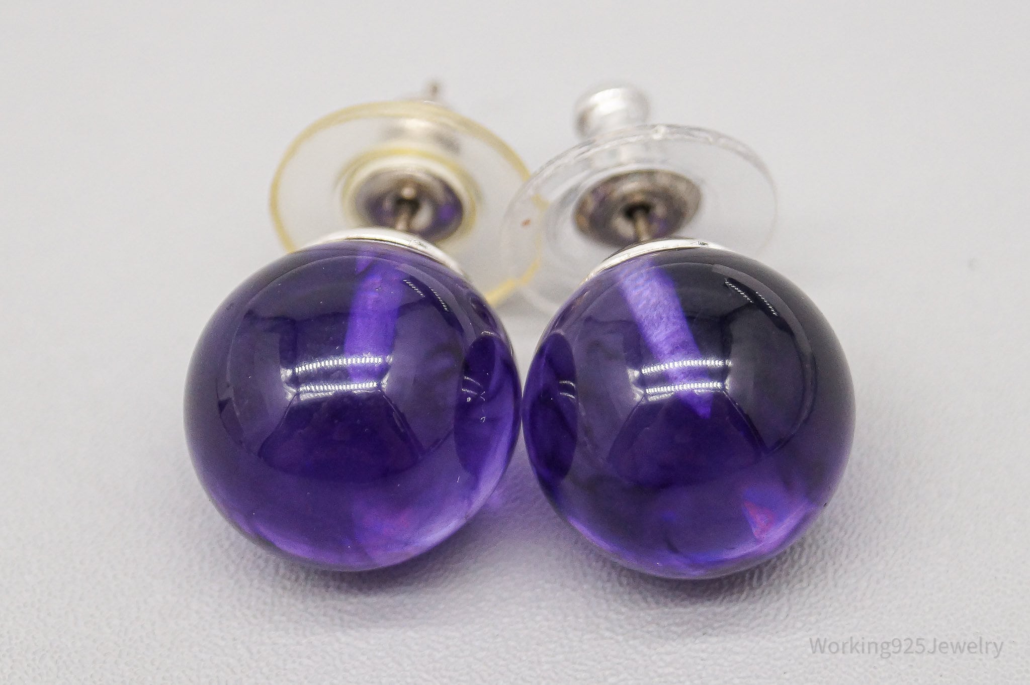 Vintage Large Mid Century Purple Plastic Orbs Silver Earrings