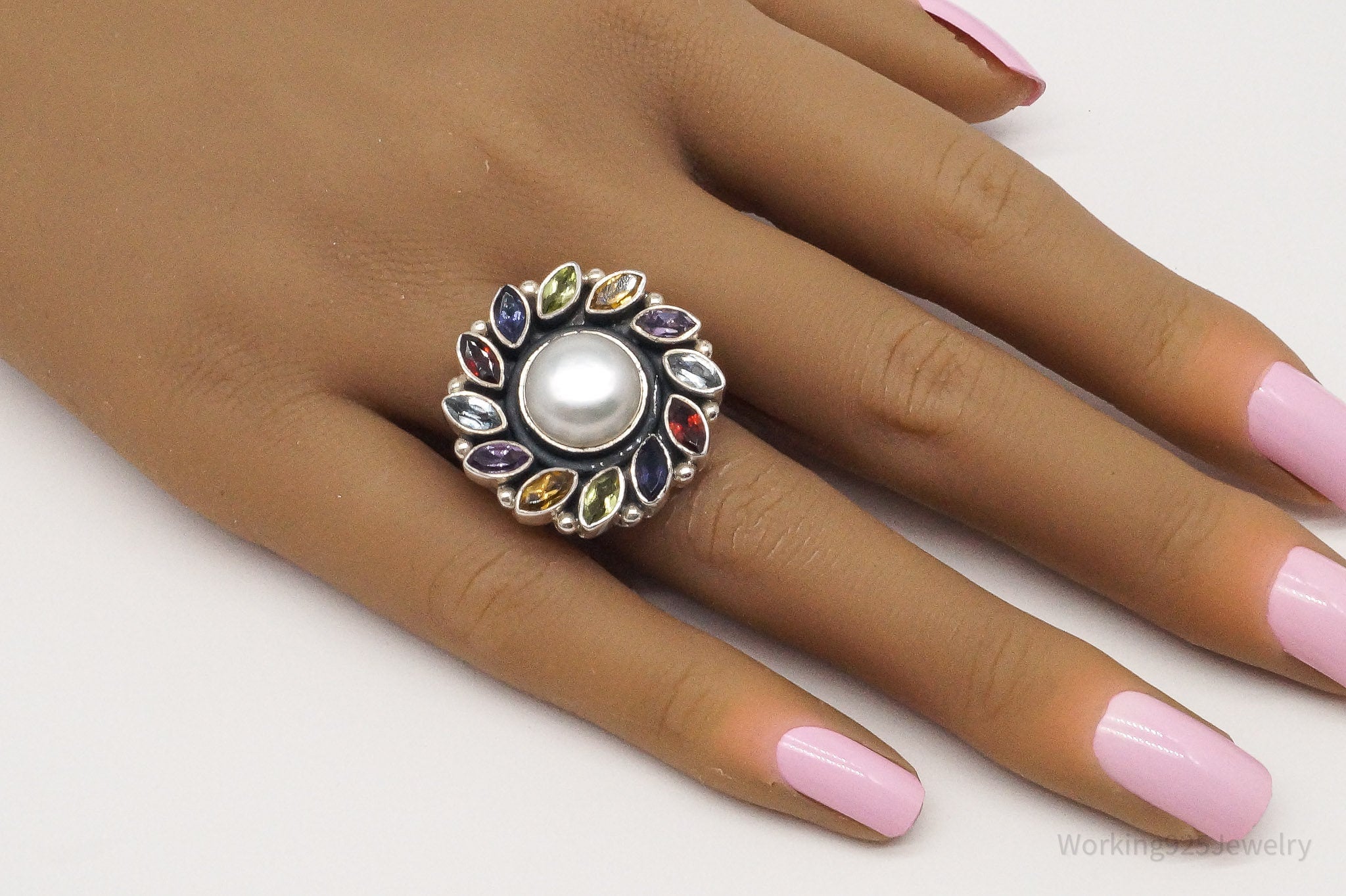 Vintage Multi Gemstone Flower Sterling Silver Ring - Size 7.25