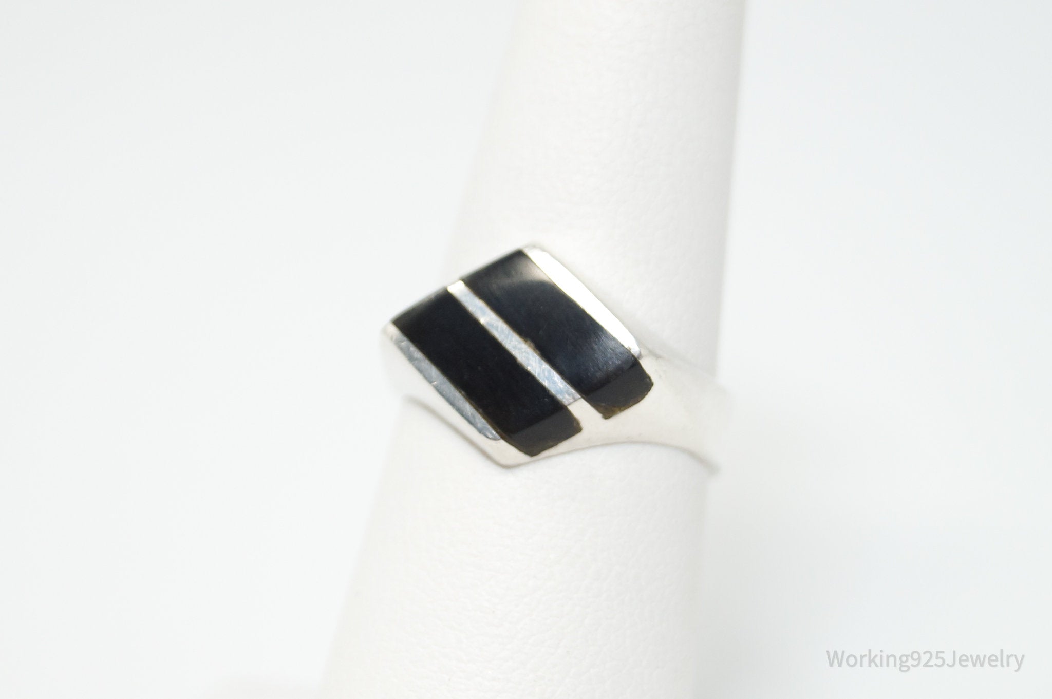 Vintage Taxco Mexico Designer Black Onyx Sterling Silver Ring - Size 6.25