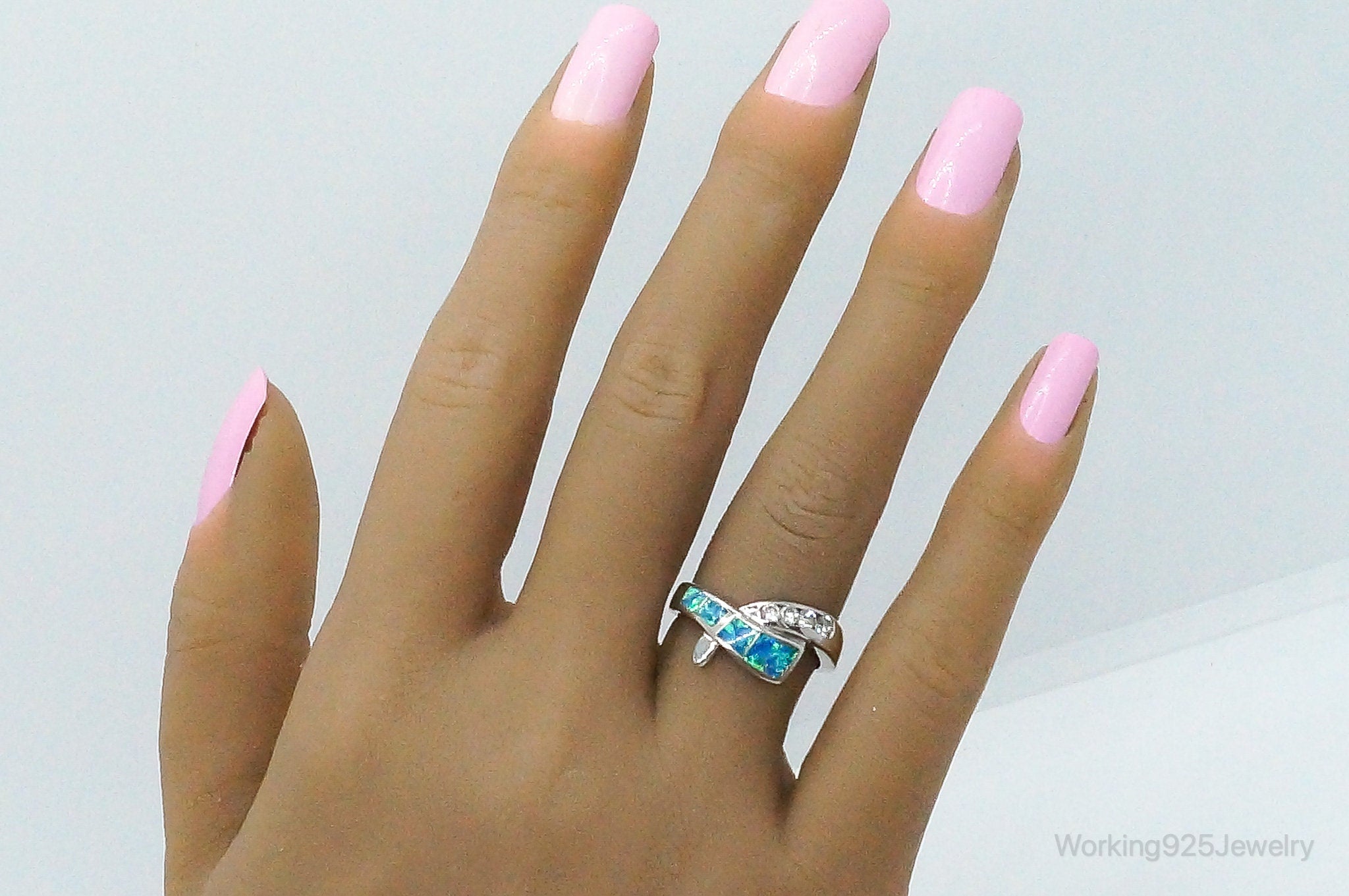 Designer AK Cubic Zirconia Opal Sterling Silver Ring - Size 7