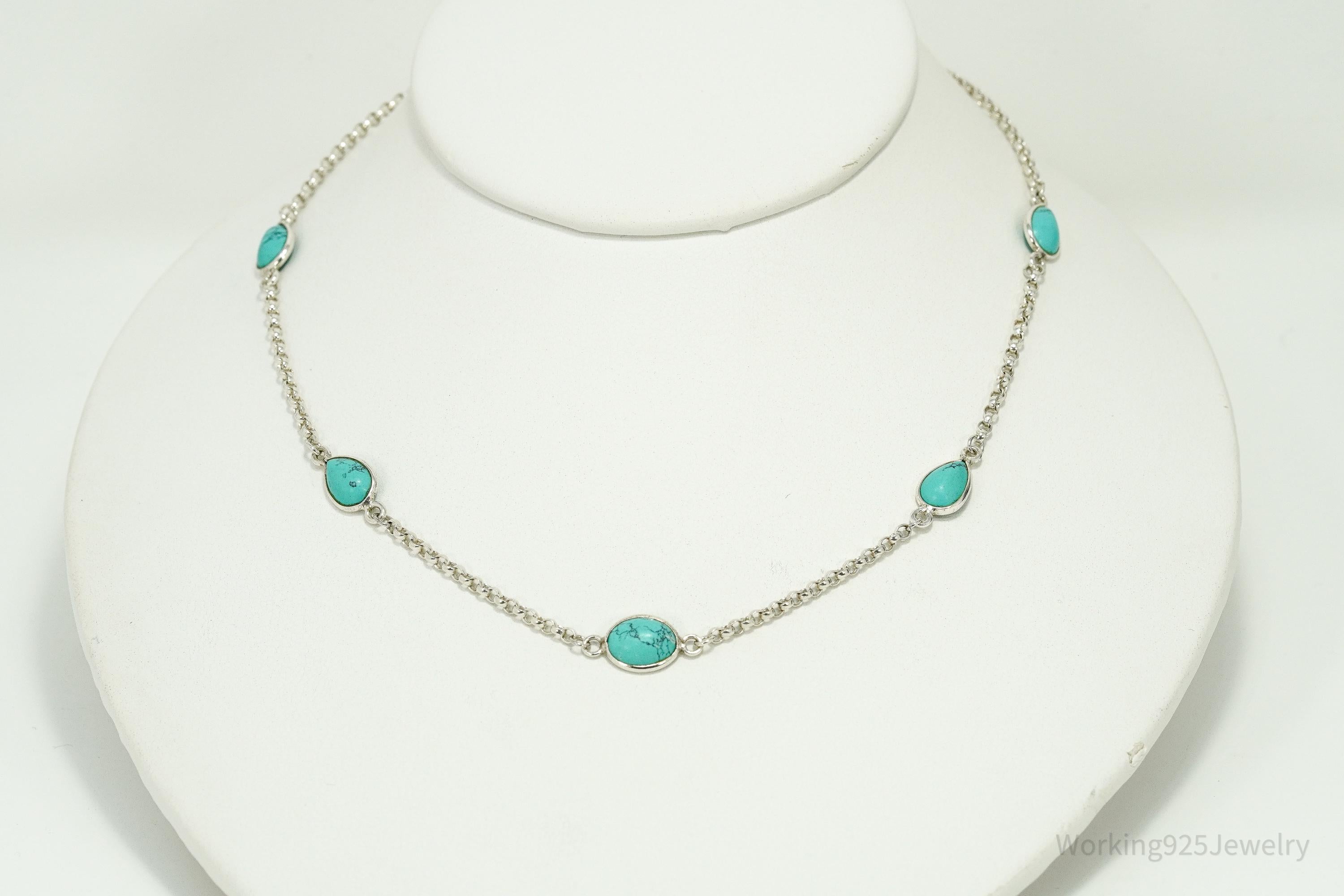 Vintage Blue Turquoise Sterling Silver Necklace 15"