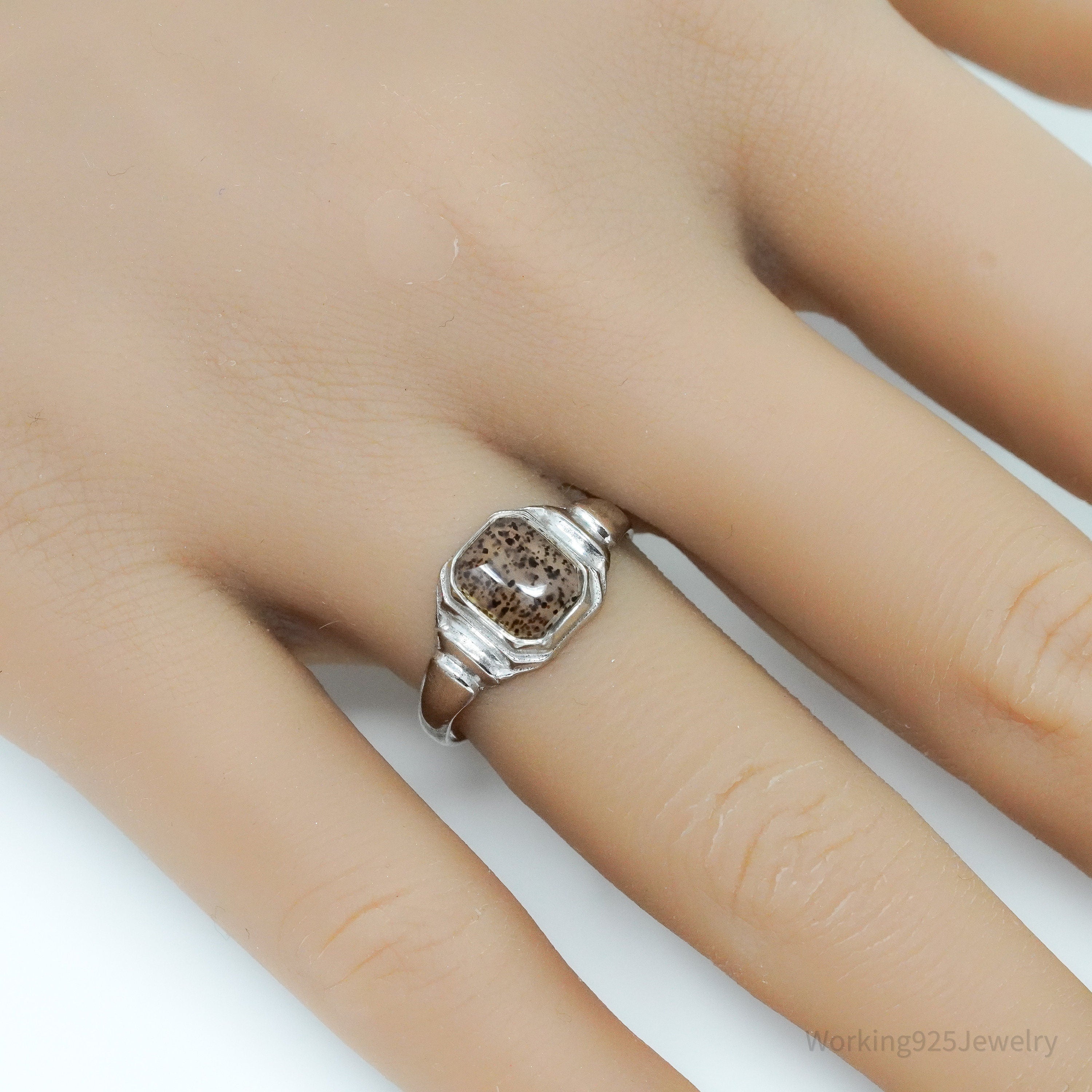 Antique Edwardian Ostby & Barton Moss Agate Sterling Silver Ring Size 7.5