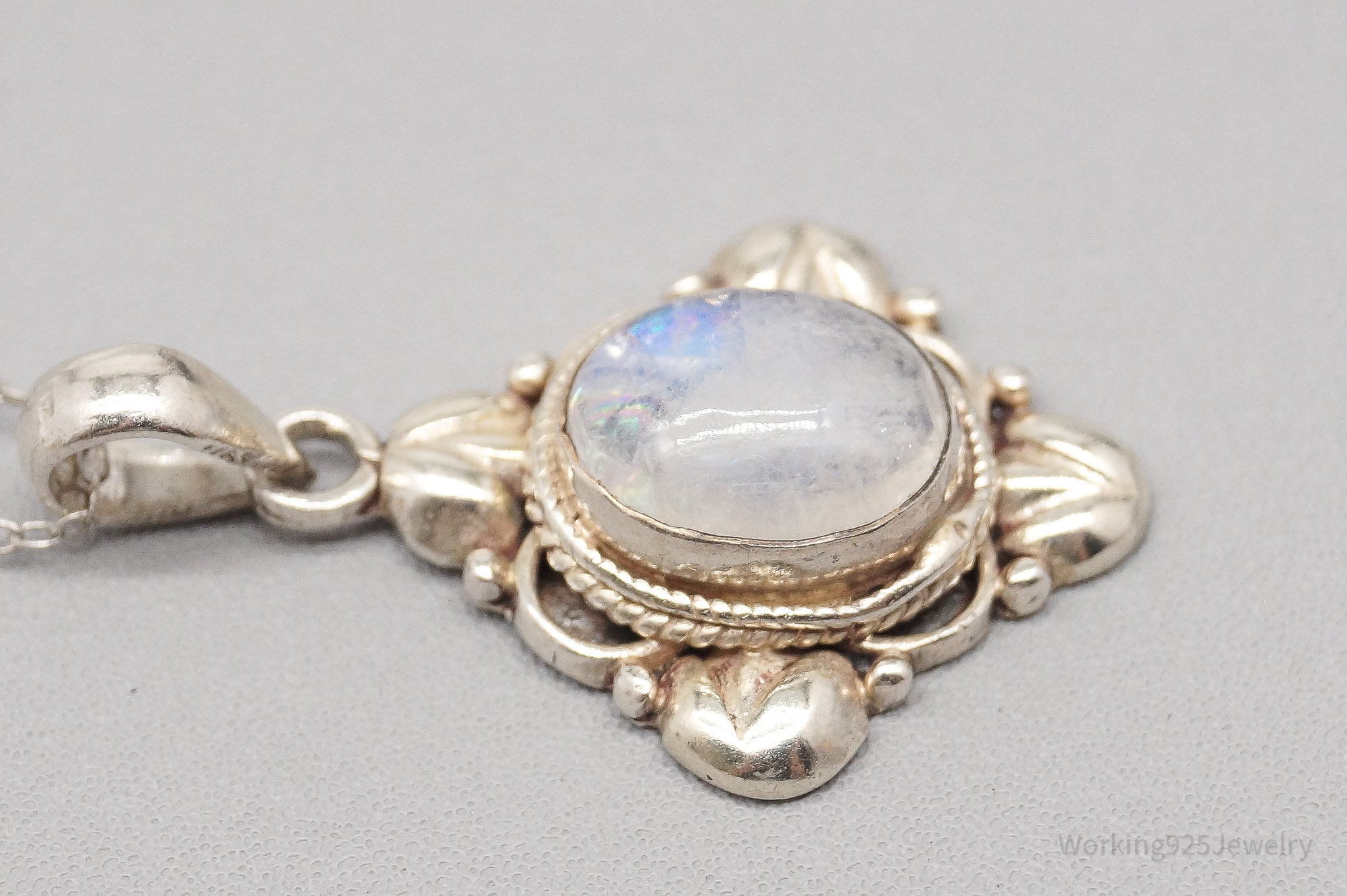 Vintage Moonstone Ornate Sterling Silver Necklace - 20"