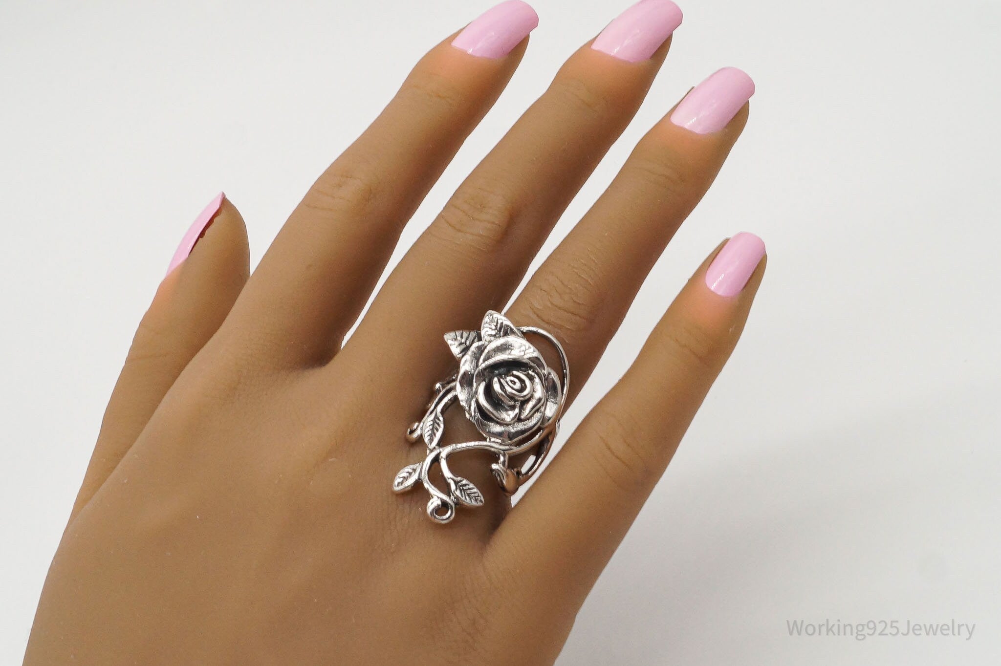 Vintage Large Rose Flower Sterling Silver Ring - Size 7.75