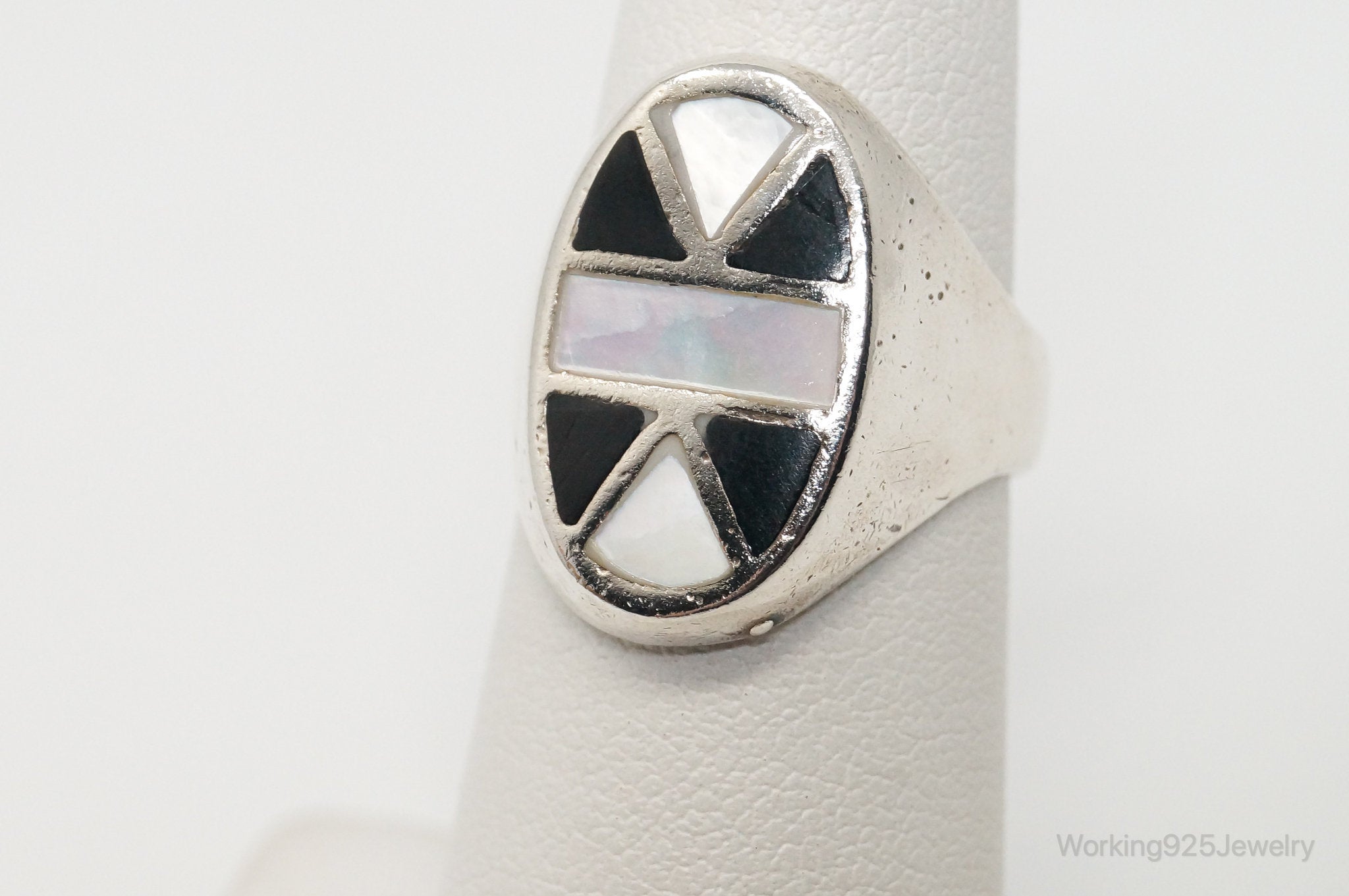 Vintage Native American Signed CJ Mother Of Pearl Sterling Silver Ring SZ 5.5