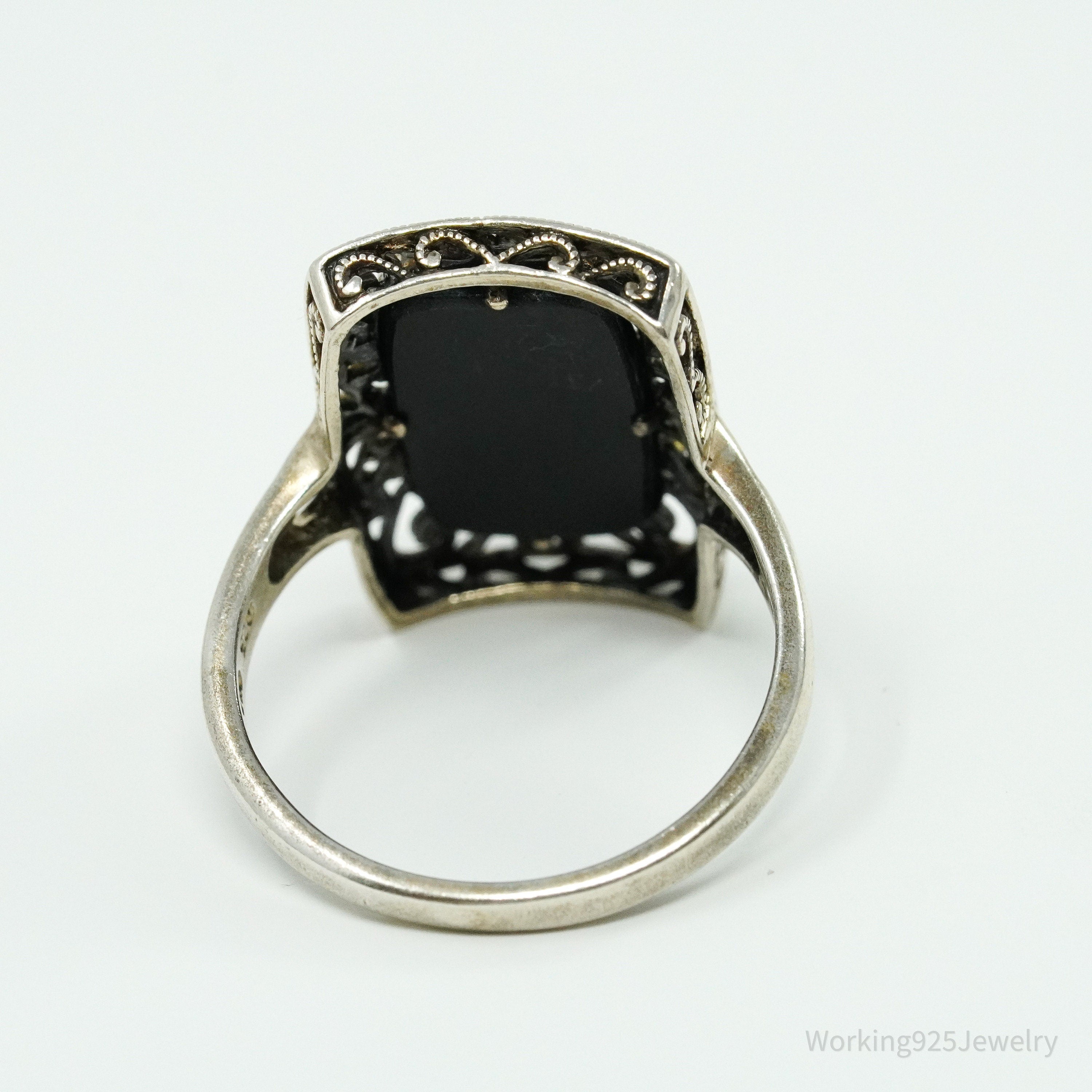 Vintage Black Onyx Scrolls & Swirls Sterling Silver Ring - Size 11.25