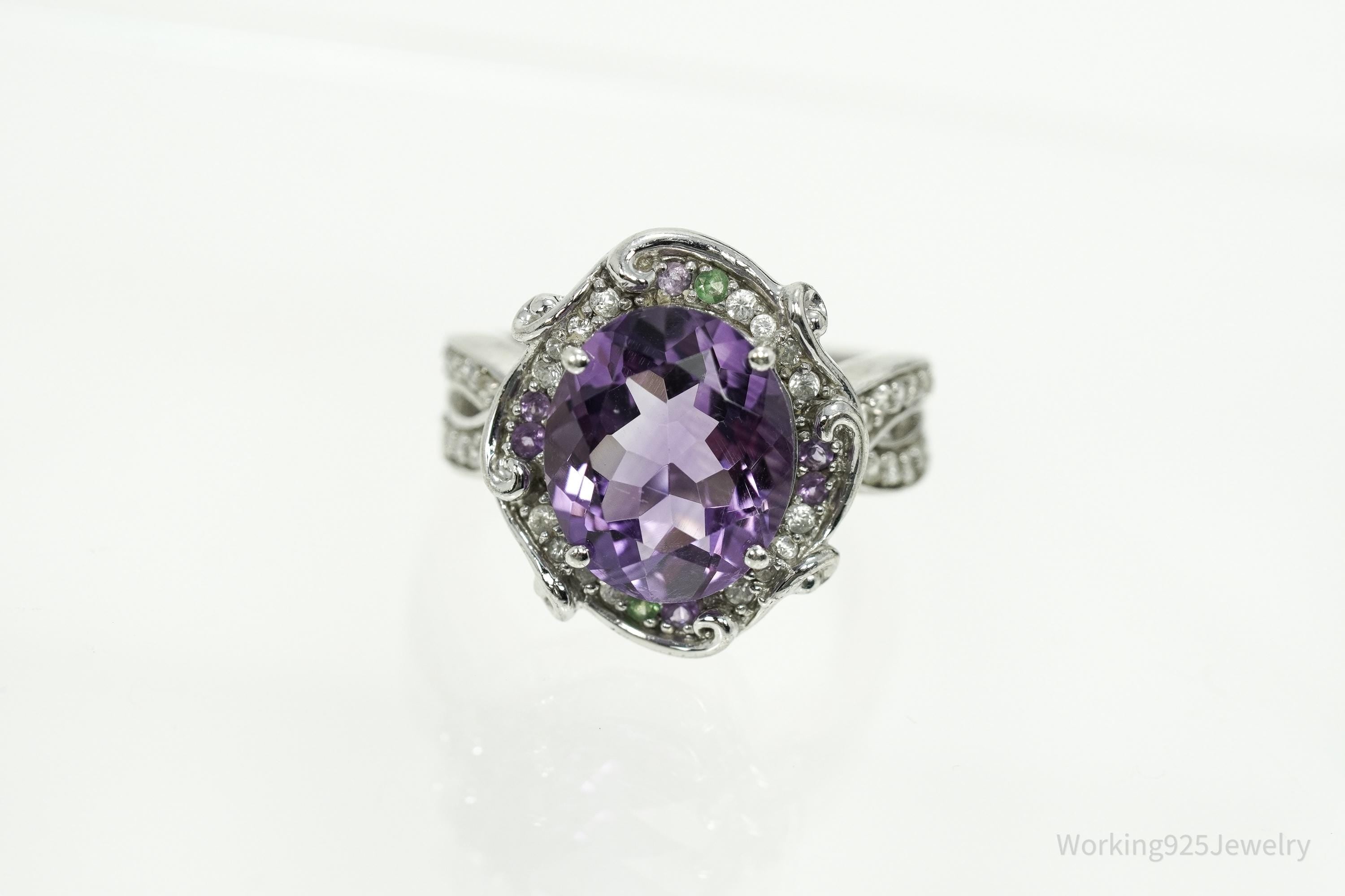 Vintage Amethyst, Cubic Zirconia, & Peridot Sterling Silver Ring - Size 6