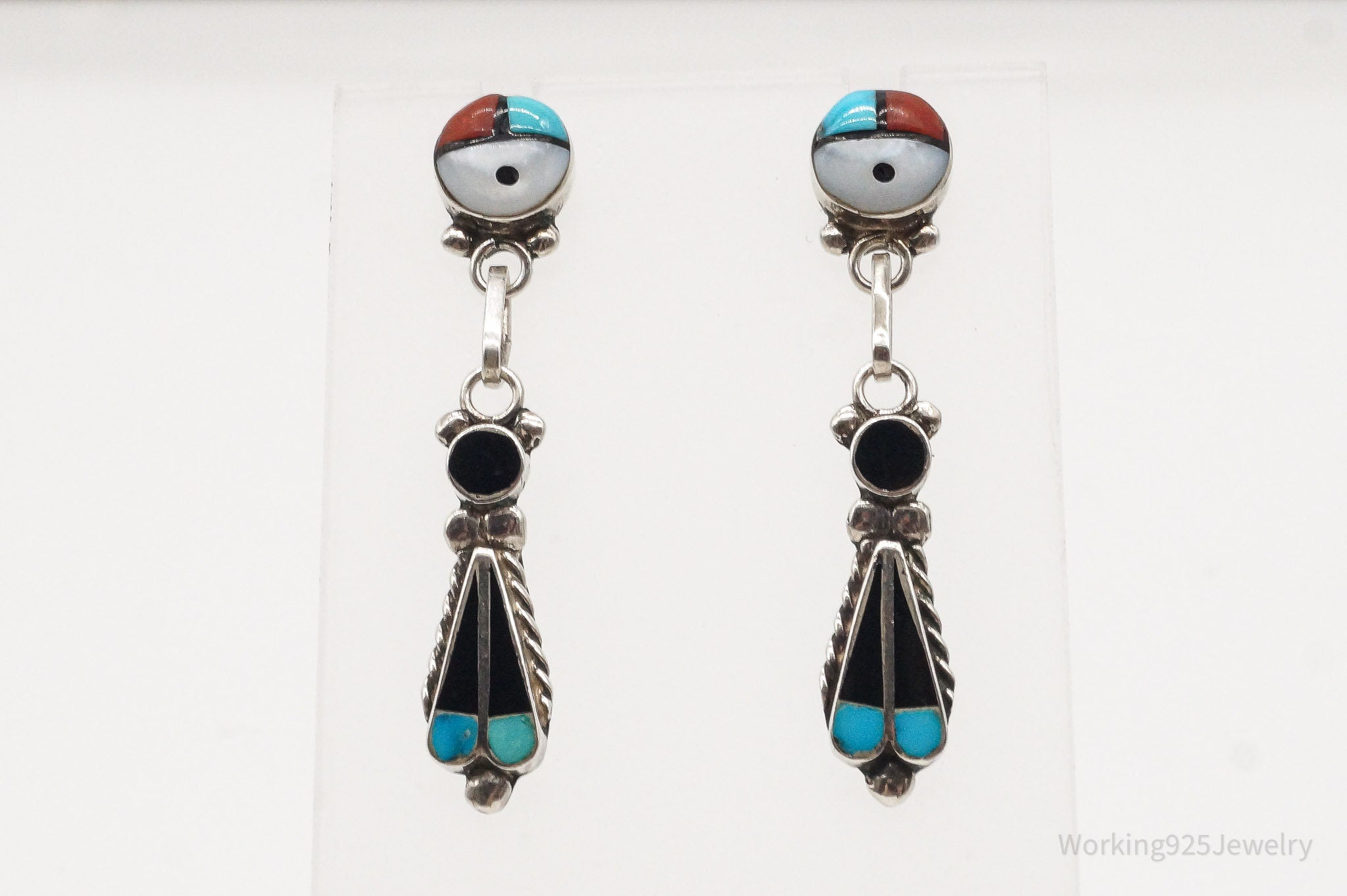 Vintage Native American Zuni Multi Gemstone Silver Earrings