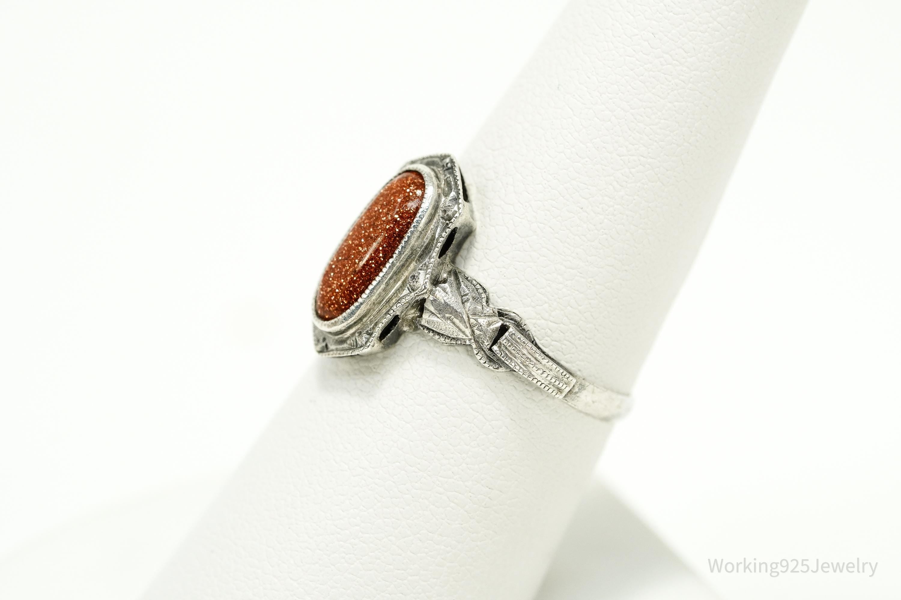 Antique Goldstone Ornate Silver Ring Size 8