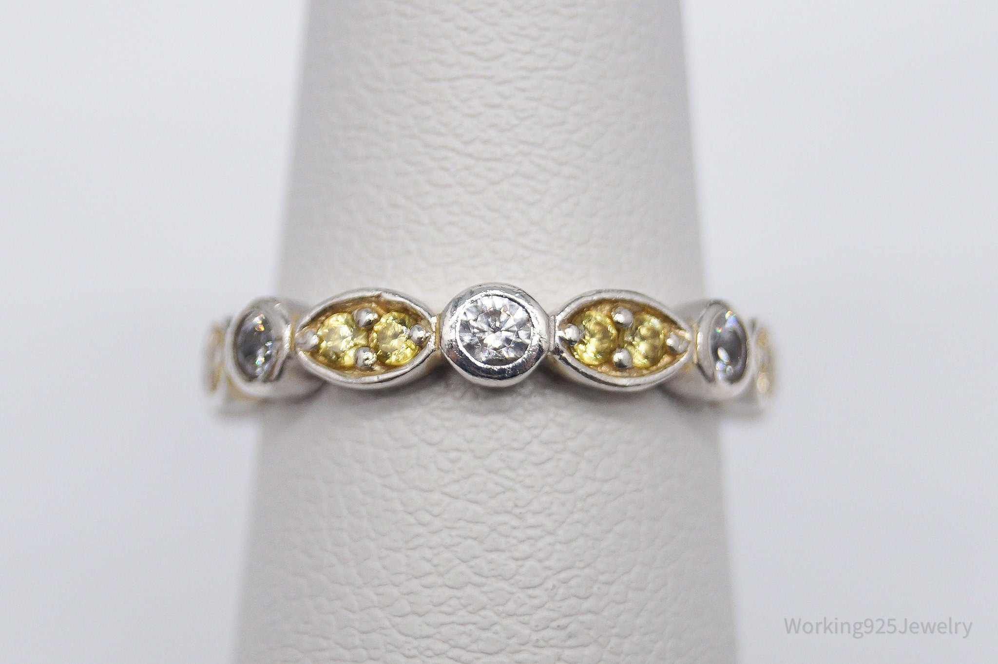 Vintage Yellow & White Cubic Zirconia Sterling Silver Ring- Size 5