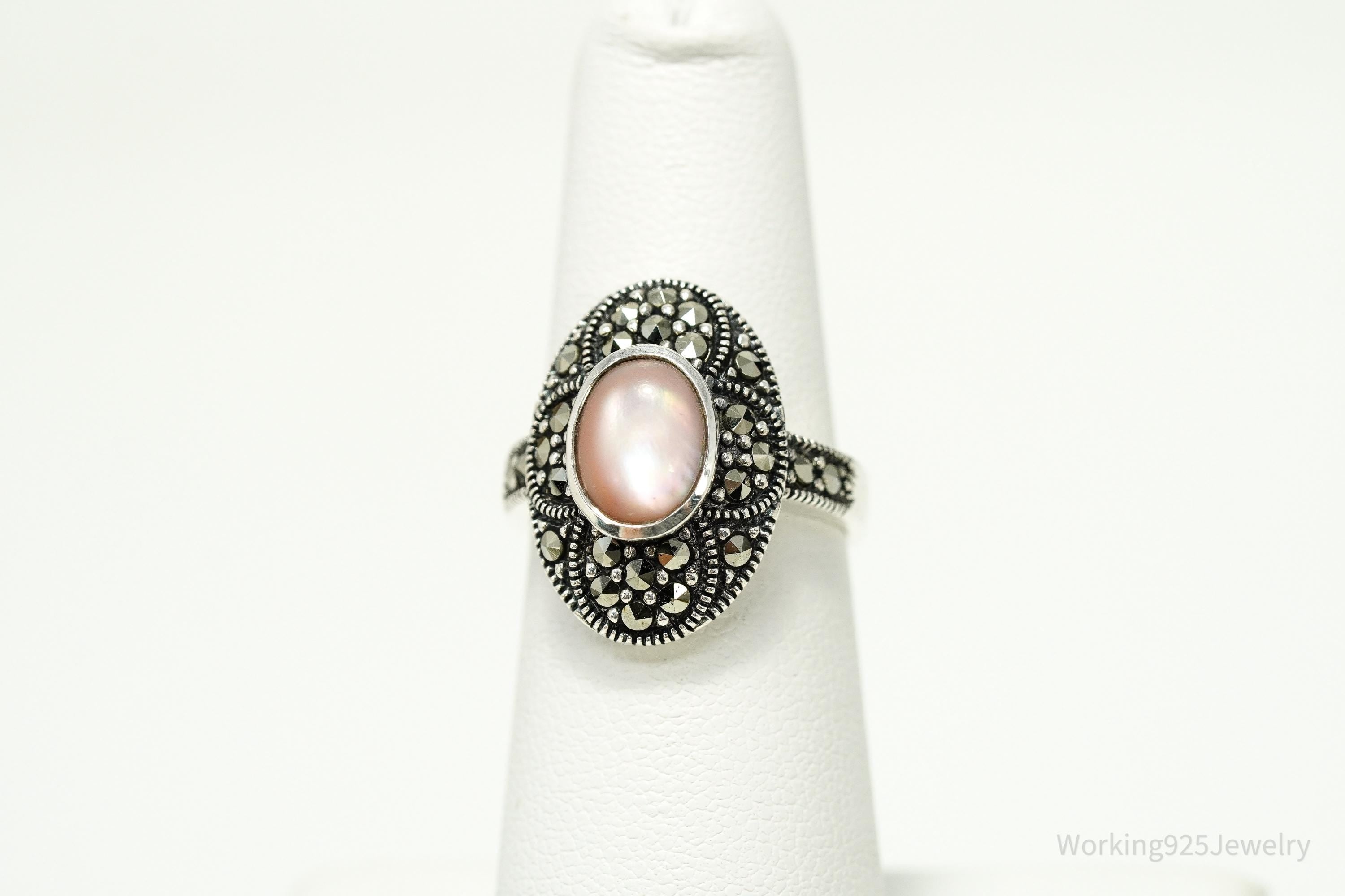 Vintage Pink Mother Of Pearl & Marcasite Sterling Silver Ring - Size 5.75