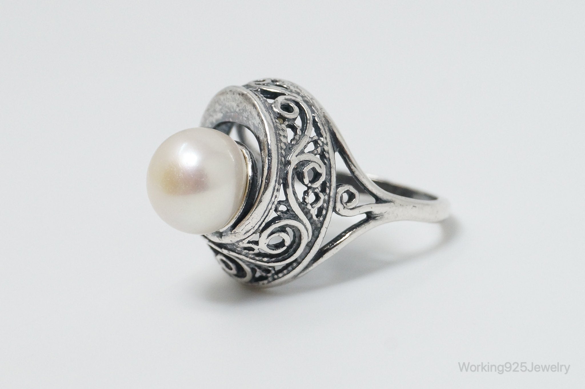 Vintage Pearl Scroll Sterling Silver Ring - Size 8