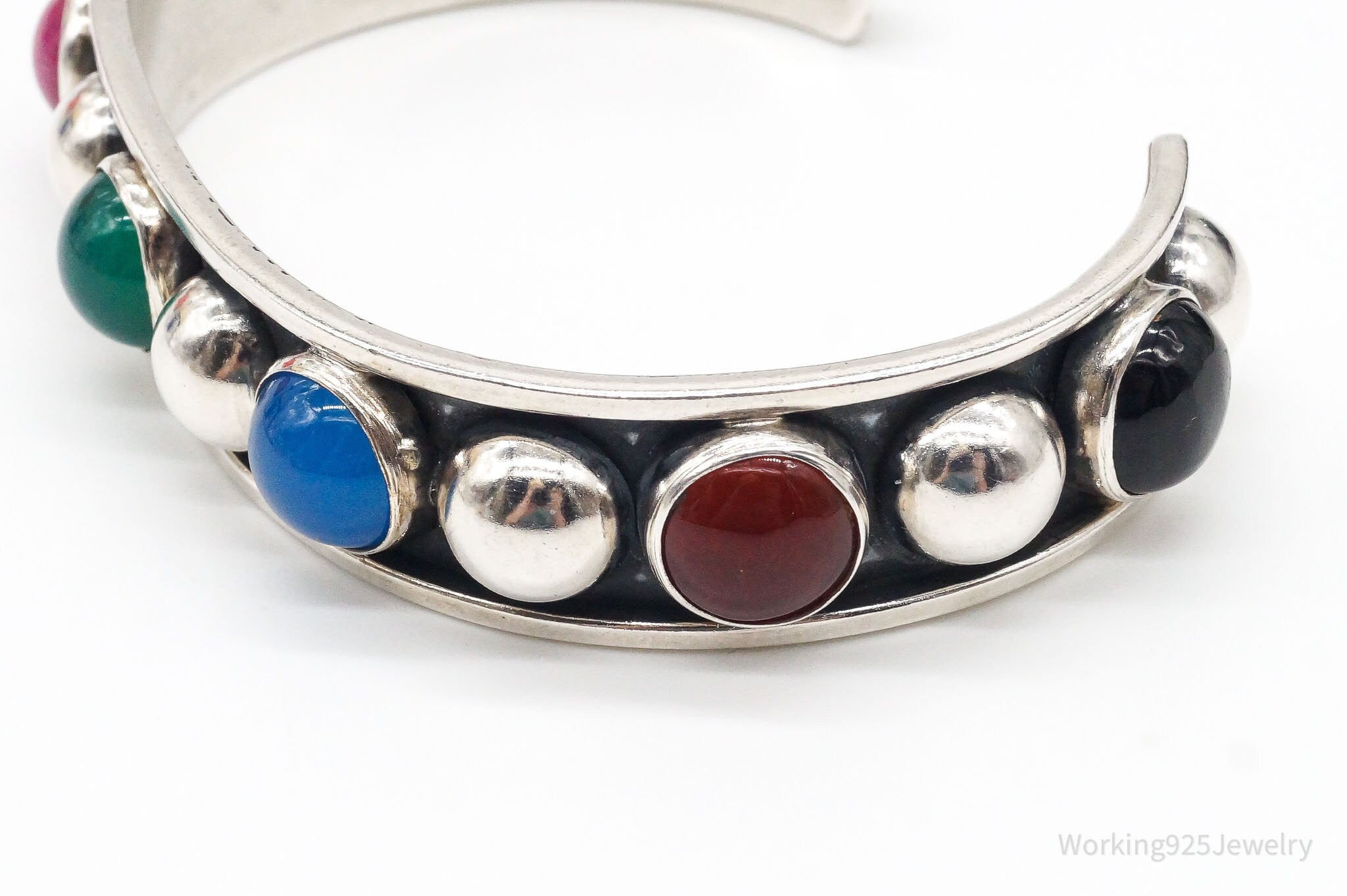 Vintage Mexico Multi Gemstone Sterling Silver Cuff Bracelet