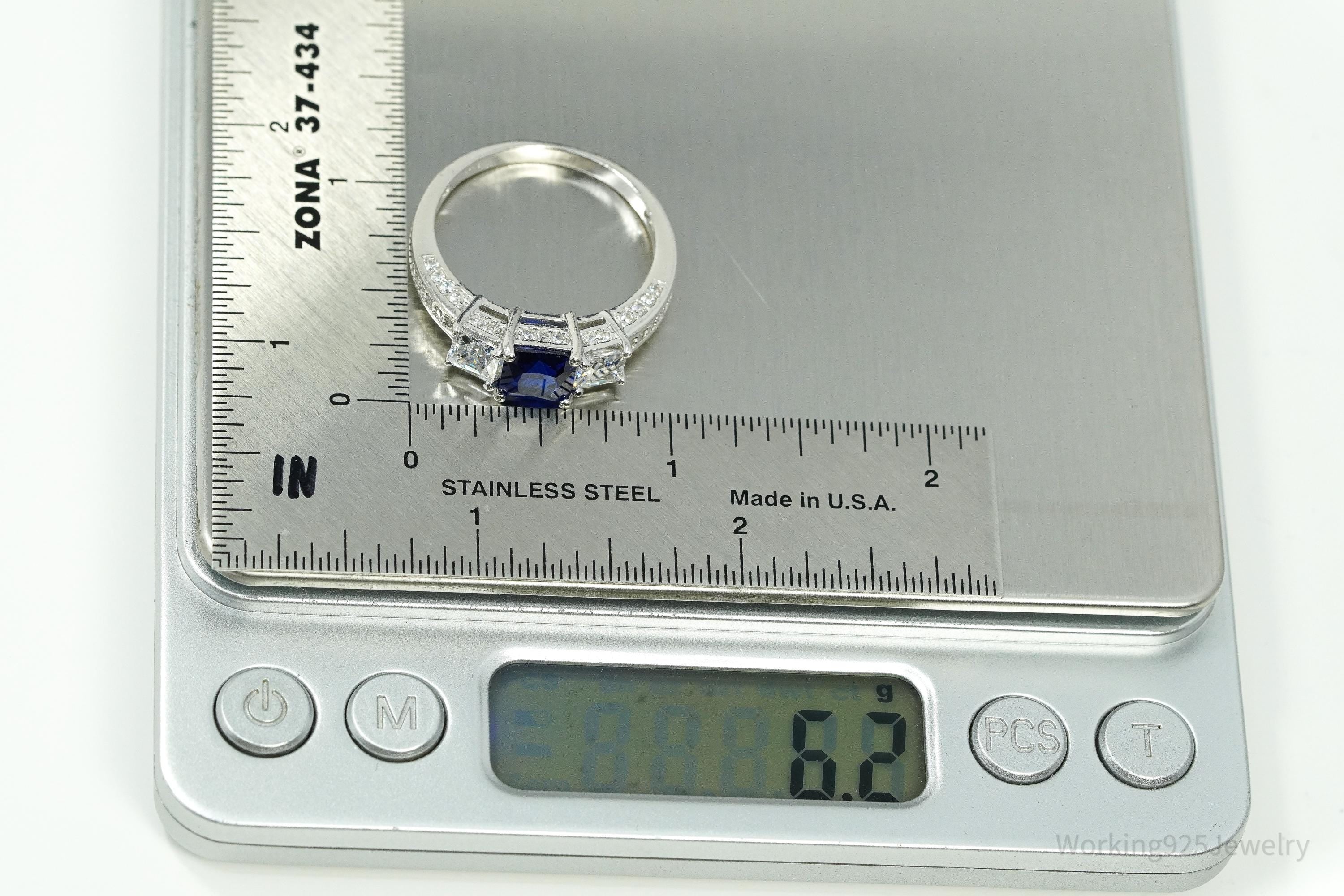 Vintage Lab Sapphire & Cubic Zirconia Sterling Silver Ring - Size 12.25